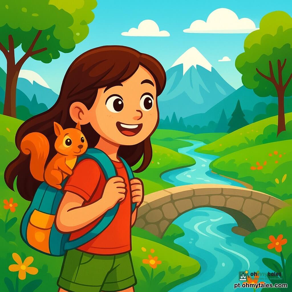 Uma jovem exploradora, Joana, uma menina de 10 anos, com longos cabelos castanhos e olhos brilhantes de curiosidade, está à beira de uma imensa e magnífica ponte natural de pedra. Ela usa uma mochila colorida, cheia de suprimentos de exploração, e seu rosto expressa excitação e determinação. Ao seu lado, um pequeno esquilo de olhos vivos e pelagem dourada está empoleirado em seu ombro, observando com curiosidade a paisagem ao redor. O local é um vasto e verdejante vale, cercado por grandes montanhas com picos nevados, com árvores majestosas e flores vibrantes que dançam ao vento. Abaixo, um riacho cintilante serpenteia pela paisagem, adicionando um toque de magia à cena. Joana, com um sorriso radiante, está prestes a atravessar a ponte, cheia de coragem e entusiasmo, enquanto o esquilo parece pronto para acompanhá-la nesta emocionante aventura.