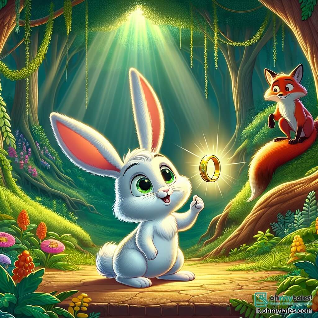 Un piccolo coniglio di nome Bianchino, con un pelo bianco splendente, grandi orecchie pendenti e occhi pieni di curiosità, si trova al centro della scena, guardando con meraviglia un anello d'oro brillante che scintilla sotto il sole. Alla sua destra, una volpe saggia, con un pelo rosso acceso e occhi birichini, è appollaiata su un ramo, osservando Bianchino con un sorriso incoraggiante. Sullo sfondo, una grande foresta verdeggiante, piena di alberi maestosi con foglie di un verde brillante e fiori colorati che danzano al vento, crea un'atmosfera magica. La scena principale mostra Bianchino che scopre l'anello d'oro, pronto a iniziare una grande avventura, con un'espressione di eccitazione e determinazione sul volto.