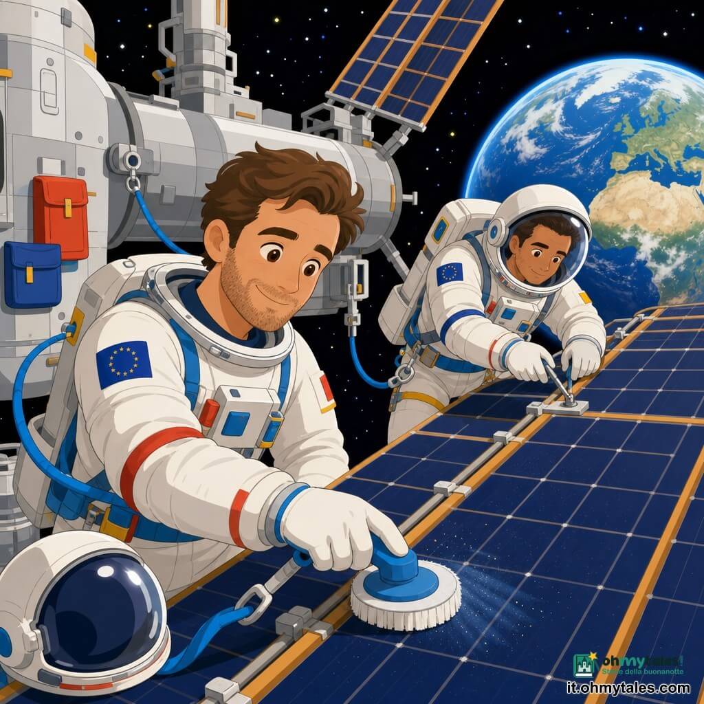 Un astronauta chiamato Luca, volto sorridente e calmo, occhi dolci, tuta spaziale bianca con bande colorate, casco appoggiato di lato, pulisce delicatamente un grande pannello solare con una spazzola rotonda assicurata da un cordone di sicurezza blu; un uomo adulto, Amir (circa 35 anni), capelli corti, espressione concentrata e benevola, stringe un piccolo gancio di fissaggio sullo stesso pannello, leggermente dietro e a destra di Luca, visibile attraverso la visiera; la scena si svolge all’esterno di una stazione spaziale dalle superfici grigie e lisce con dettagli geometrici, piccole botole e tasche colorate; sullo sfondo la Terra blu e bianca molto luminosa e un cielo stellato profondo; situazione principale: due astronauti lavorano in tandem con movimenti lenti e coordinati, atmosfera di pazienza e cooperazione, cordoni di sicurezza e strumenti stilizzati visibili, colori netti, forme semplici, contorni puliti, atmosfera dolce e rassicurante.
