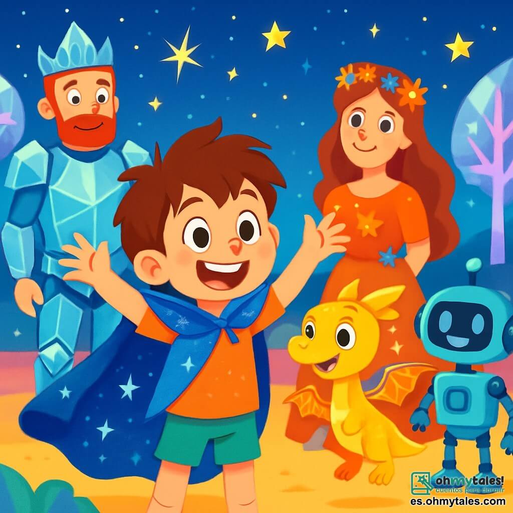 Un niño de 6 años, Lucas, con cabello castaño desordenado y ojos llenos de curiosidad, lleva una capa azul brillante que resplandece como estrellas. Tiene una amplia y entusiasta sonrisa, levantando los brazos al aire, como si estuviera listo para compartir una gran idea. A su lado, un pequeño dragón llamado Chispi, con escamas doradas y ojos traviesos, bate sus alas con emoción, flotando ligeramente sobre el suelo. En el fondo, el Rey Tecno, un hombre de unos 40 años con una armadura brillante de cristales, observa a Lucas con admiración, mientras que la Reina Maga, una mujer de unos 35 años vestida con un vestido de flores luminosas, sonríe calurosamente. Están en la gran plaza de Estrellandia, donde árboles de cristal brillan bajo un cielo estrellado, iluminando la escena con mil colores. La situación principal muestra a Lucas, rodeado de criaturas mágicas y robots, proponiendo una idea para unir la magia y la tecnología, mientras estrellas brillan sobre ellos, creando una atmósfera de alegría y armonía.