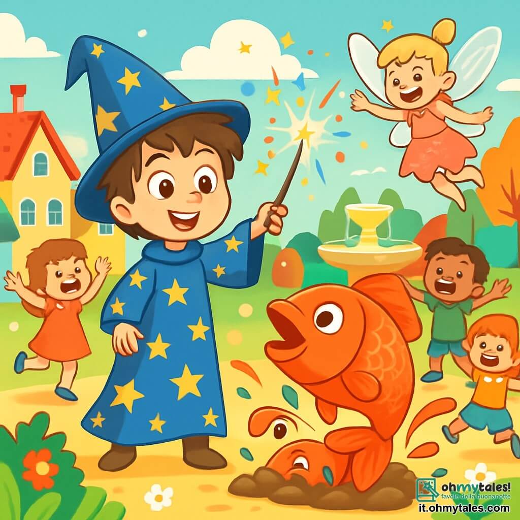 Un giovane mago di nome Nino, con capelli arruffati e un grande mantello blu decorato con stelle dorate, si trova al centro della scena, con gli occhi sgranati e un sorriso radioso sul volto. Brandisce una bacchetta magica scintillante, circondata da scintille colorate, mentre un pesce rosso gigante, con squame brillanti, salta dalla terra ai suoi piedi. Accanto a lui, la piccola fata Lila, con ali trasparenti e un vestito rosa scintillante, vola in cerchi ridendo. Ha circa 8 anni, capelli biondi e occhi pieni di malizia. Sullo sfondo, un gruppo di bambini felici, tutti di circa 6 anni, si divertono a saltare attorno a Nino, i loro volti illuminati dalla gioia. Il paesaggio è un villaggio magico, con case colorate dai tetti spioventi, alberi con foglie multicolori e una fontana scintillante al centro, dove fiori incantati danzano al ritmo del vento. La scena principale mostra Nino che cerca di lanciare un incantesimo per far apparire una torta enorme, ma al suo posto salta un pesce rosso dal suolo, provocando risate tra tutti i presenti.