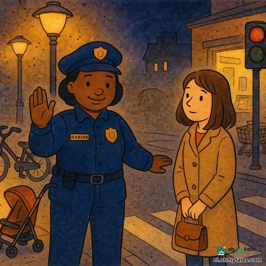 Een vriendelijke, rustige vrouwelijke politieagente met een rond gezicht en zachte ogen in een net donkerblauw uniform met een zilveren badge "Samira" steekt haar hand op om het verkeer te stoppen en wijst het zebrapad aan; een jonge vrouw genaamd Nora (ongeveer 25), bruin halflang haar, beige mantel en een klein tasje, staat gerust achter de agente aan de rand van het zebrapad; een geparkeerde fiets en een lege kinderwagen bij de stoep verlicht door een lantaarn voegen straatdetails toe; plaats: een kleine buurtplein 's nachts met gele lantaarnlichtcirkels op een keienstoep, een groen/rood verkeerslicht zichtbaar en een buurtwinkel met een licht scheefstaande winkelwagen; hoofdscène: de agente helpt de jonge vrouw oversteken, rustige en veilige sfeer, warme kleuren, zachte contrasten, tekeningen in inkt met gekleurde wash.