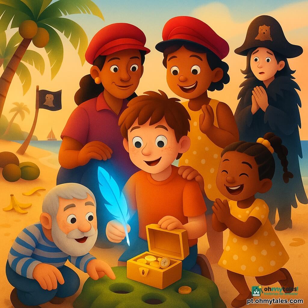 Personagens: Joaquim, menino de ~12 anos, rosto redondo com sardas, cabelo castanho despenteado, olhar maravilhado e sorriso tímido, segurando uma pena azul brilhante com a mão direita enquanto abre uma pequena caixa dourada sobre uma pedra; Dona Filomena, mulher ~40 anos, pele bronzeada, chapéu de capitão vermelho, olhar orgulhoso e afetuoso, com a mão no ombro de Joaquim; Tita, menina ~8 anos, tranças, vestido amarelo com bolinhas, olhos sorridentes, pulando e aplaudindo; Nicolau, homem ~65 anos, barba grisalha farta, agachado à esquerda apontando pegadas na areia; Capitã Marmota, mulher ~35 anos, casaco preto com penas, expressão surpresa e envergonhada, parada alguns passos atrás com chapéu bordado com uma marmota. Local: praia tropical ao fim da tarde, areia dourada, palmeiras inclinadas, cocos e cascas de banana espalhados, clareira com pedras cobertas de musgo e buracos camuflados, bandeira preta com motivo de marmota ao fundo. Ação: descoberta do tesouro — Joaquim ergue a pena azul e a caixa se abre revelando moedas reluzentes e uma velha bússola; rostos mostram alegria, espanto e cumplicidade. Estilo: cores vivas e suaves, degradês suaves, sombras sutis, texturas de areia e madeira marcantes, proporções levemente caricaturais e traços arredondados adequados a crianças.