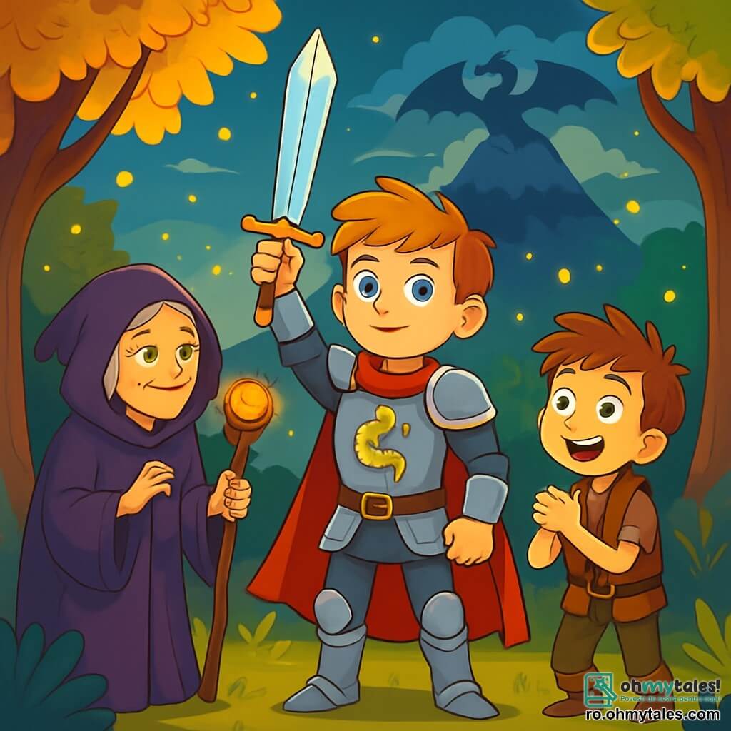Un tânăr, Darius, stă în centrul scenei, îmbrăcat într-o armură strălucitoare ornamentată cu motive de dragoni. Fața lui este hotărâtă, cu ochi albastri deschiși strălucind de curaj și curiozitate. El ține o sabie sclipitoare, pregătit să-și înfrunte destinul. La dreapta lui, o bătrână înțeleaptă, o vrăjitoare cu fața ridată, poartă o rochie din catifea violetă și ține un toiag magic, observându-l pe Darius cu un zâmbet încurajator. La stânga lui, un băiat de 10 ani, prietenul său, cu părul zburlit și haine din piele uzată, îl privește pe Darius cu admirație, cu ochii mari de emoție. Scena se desfășoară într-o poiană fermecată, înconjurată de copaci măreți cu frunze aurii, unde licuricii dansează în aerul crepuscular. În fundal, o munte impunător se ridică, acoperit de nori amenințători, lăsând să se întrevadă silueta unui dragon negru. Darius se pregătește să plece în aventură, hotărât să găsească Safirul Cerului, în timp ce vrăjitoarea îi oferă sfaturi, iar prietenul său îl încurajează cu entuziasm.