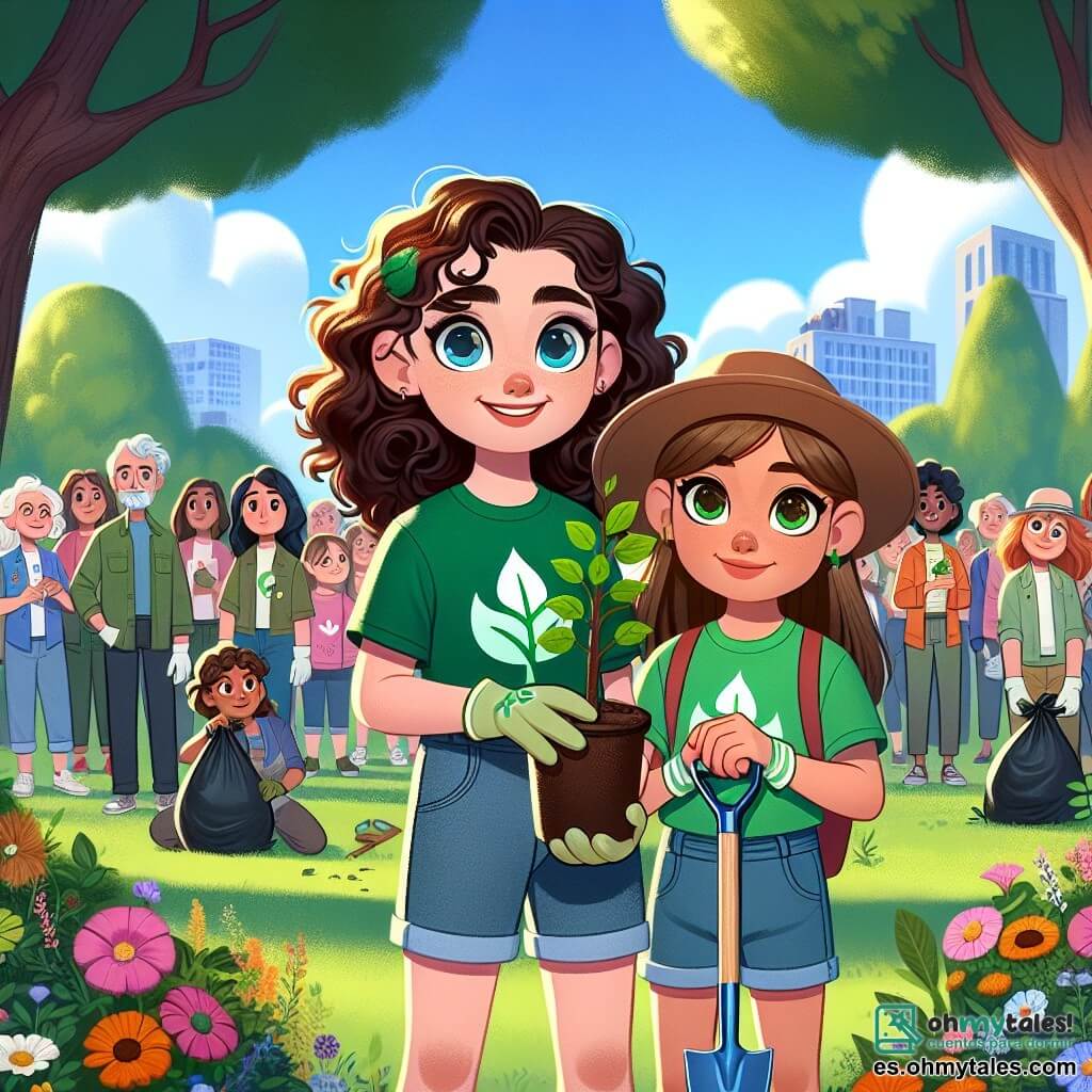 Una niña de 11 años, llamada Sofía, se encuentra en el centro de la imagen, con cabello rizado castaño y ojos brillantes de determinación. Lleva una camiseta verde con un logo de hoja y un short de mezclilla, sosteniendo una pequeña pala con una gran sonrisa, lista para plantar un árbol. A su lado, su mejor amiga Lucía, también de 11 años, tiene el cabello largo y liso, recogido en una coleta. Lleva una gorra y guantes de jardinería, sosteniendo un joven árbol que está a punto de plantar. El lugar es un parque verde, con árboles majestuosos al fondo, flores coloridas en el suelo y un cielo azul con nubes blancas. A lo lejos, se pueden ver vecinos curiosos observándolas, algunos sosteniendo bolsas de basura para ayudar a recoger desechos. La escena principal muestra a Sofía y Lucía en acción, rodeadas de amigos, plantando árboles con entusiasmo, mientras un grupo de vecinos se une a ellas para limpiar el parque, creando una atmósfera de camaradería y compromiso por la protección del medio ambiente.