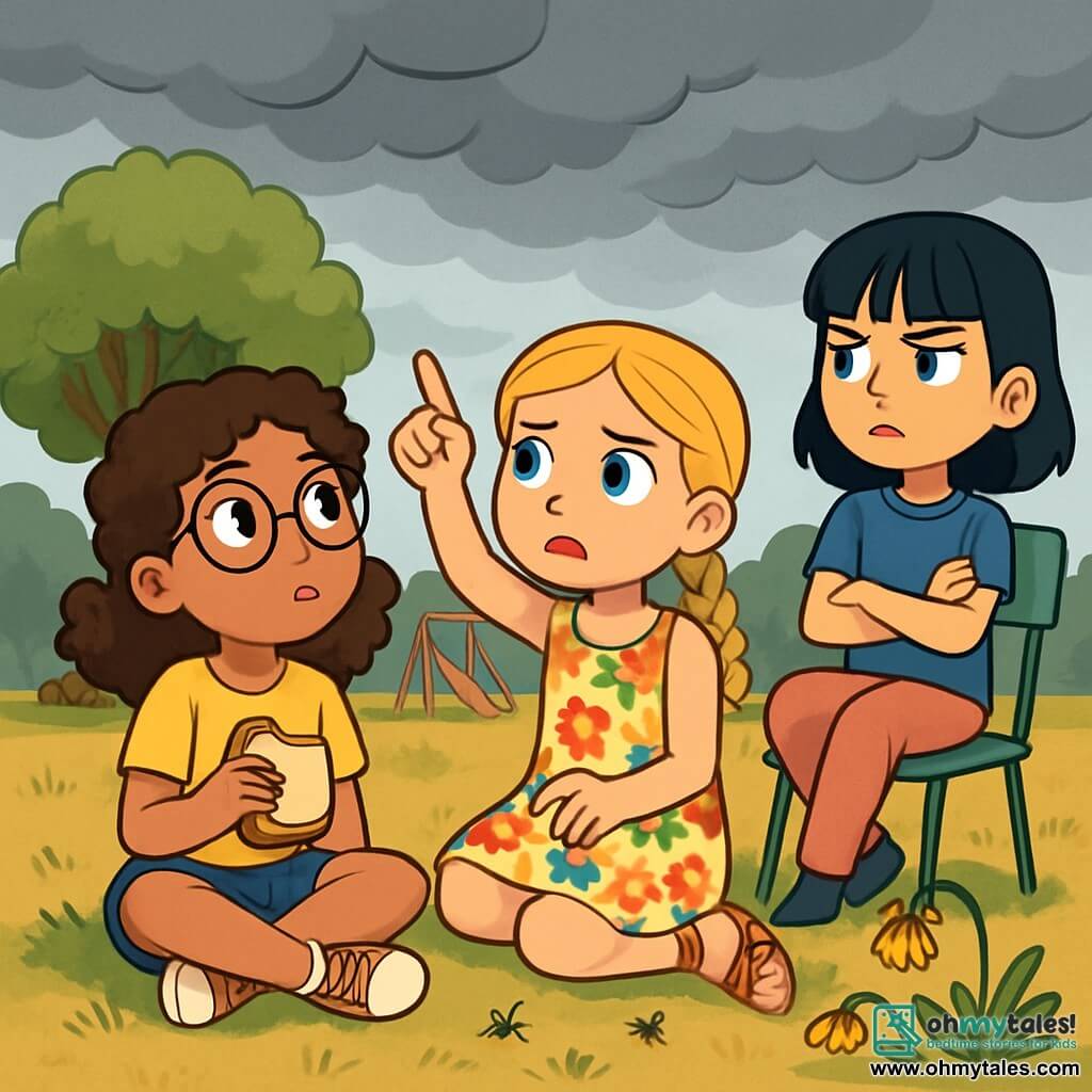 There are three characters: Maya, a 10-year-old girl with curly brown hair and round glasses, wearing a yellow t-shirt and denim shorts, sitting on the grass holding a sandwich and looking at the sky with a curious expression; Zoe, a 10-year-old girl with braided blonde hair and sparkling green eyes, wearing a colorful flower dress and sandals, sitting next to Maya and pointing at the cloudy sky with a worried expression; and Samira, a 10-year-old girl with straight black hair and bangs, wearing a blue t-shirt and pink pants, slightly behind, rocking on her garden chair with crossed arms and a determined look. The main setting is a sunny park with a large leafy tree in the center, surrounded by lawns yellowed by the heat. In the background, there's a small playground with swings and a slide, but the sky is covered with gray clouds, creating a somewhat ominous atmosphere. The main situation shows the three friends seriously discussing the changes they have noticed in their environment, with concerned expressions on their faces. Withered flowers and absent bees are visible around them, symbolizing the effects of climate change.