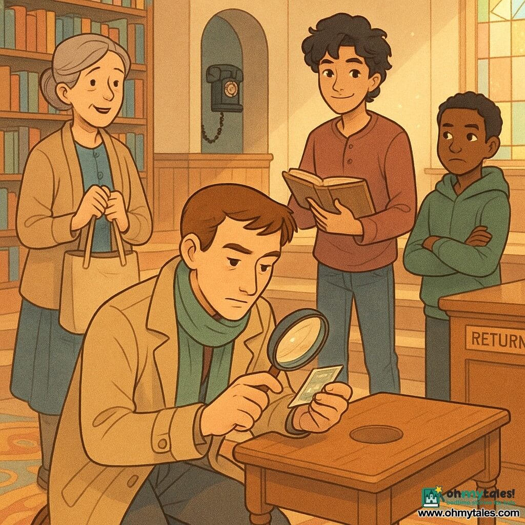 A kind, focused detective in his thirties with a slim face, short chestnut hair, a light beige coat and green scarf kneels by a small wooden writing box, examining a postcard with a magnifying glass while a mischievous but attentive teenage boy Jonas (about 16) with wavy black hair stands on a step behind him holding an old book and half-smiling, Ms. Ketteridge (about 45) with gray hair in a soft bun stands relieved near the desk holding a canvas bag, and Eli (about 14) in a green hoodie stands by the book return with folded hands and a curious look ready to tell what he saw; warm, bright library setting with wooden shelves of colorful books, patterned island rug, small amphitheater steps, an old black wall phone in an alcove and a polished service table with a missing bell ring, the group in a semicircle around the detective as soft stained-glass light and dust motes create a cozy, friendly mystery scene in pastel, hand-drawn textures.