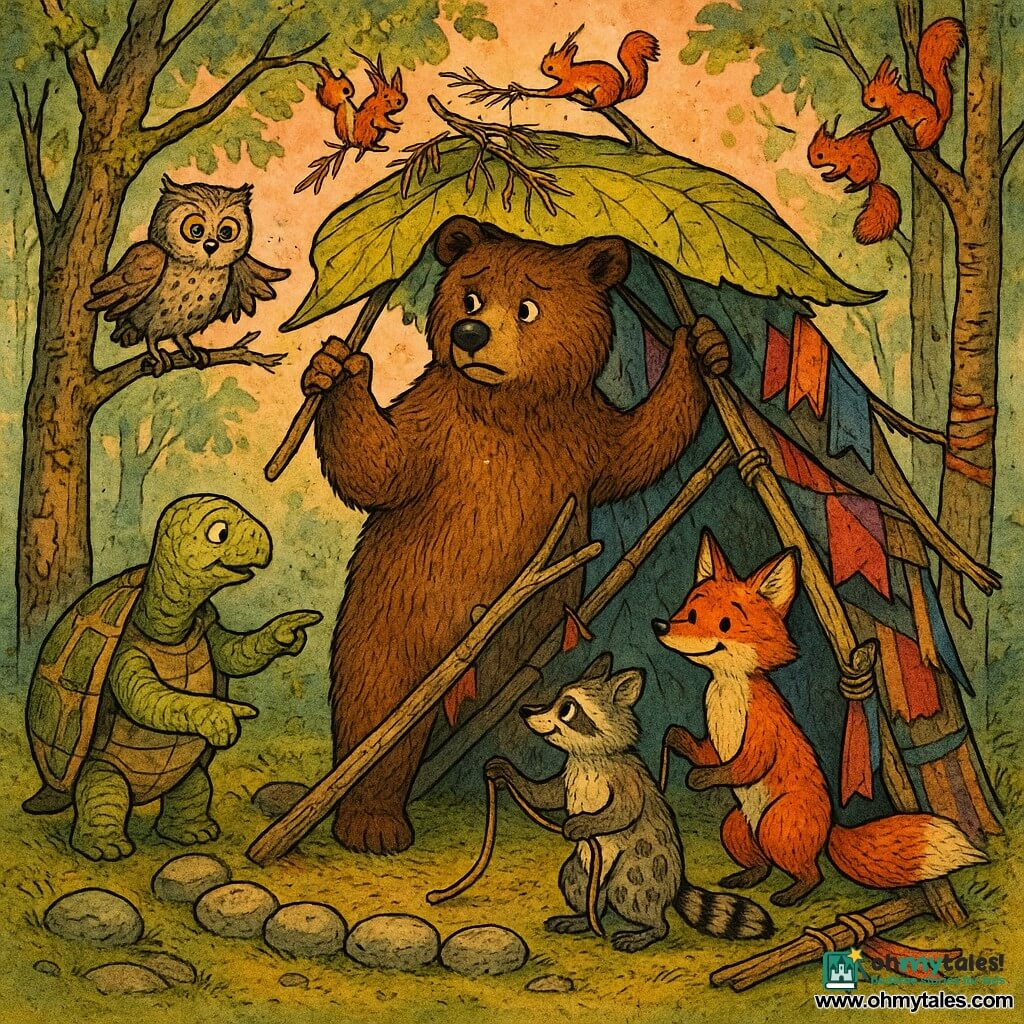 The main character is a tall anthropomorphic brown bear with textured fur and a worried but determined look, standing center holding a giant leaf as a roof and placing a branch. A small gray owl (Oliver) with wide eyes and ruffled feathers perches on a low left branch, attentive and encouraging with slightly spread wings. An elderly striped-shelled tortoise (Tilly) stands near a ring of stones, calm and wise, pointing to the shelter’s structure. A red fox with pointed ears and a spotted raccoon stand side by side at the shelter entrance; the fox smiles holding a rope while the raccoon adjusts an improvised latch. Several small red squirrels weave branches into the roof, clinging to nearby trunks with quick focused movements. The scene is a mossy forest clearing with partly damaged trees and scratched trunks, round stones in a circle, and a pink-orange twilight sky filtering through crumpled foliage. The animals are rebuilding an shelter together after a distant conflict: patched planks and torn colorful fabrics turned into banners of mutual aid, giving an atmosphere of repair, unity, and cooperative action.