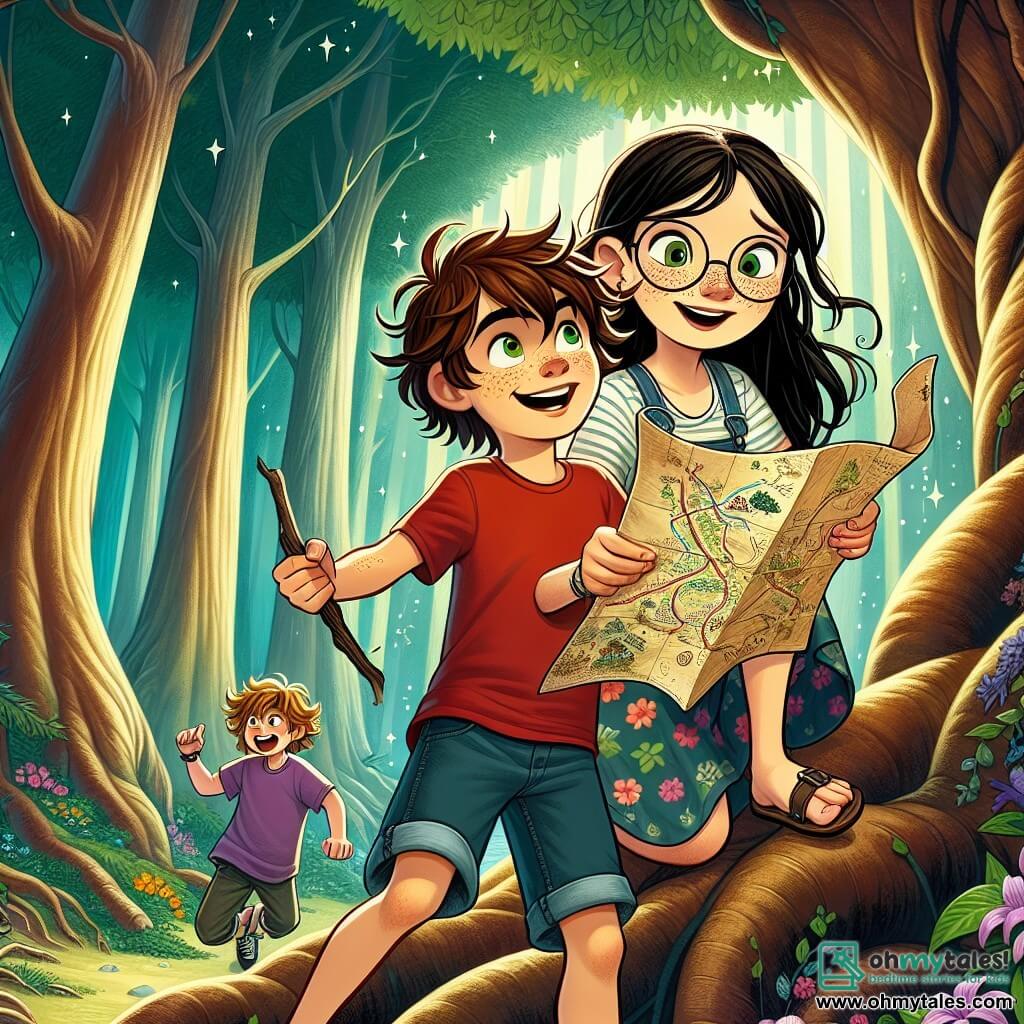 An 11-year-old boy, Max, stands at the center of the image with messy brown hair, sparkling green eyes filled with excitement, and freckles on his nose. He wears a red t-shirt and denim shorts, holding a treasure map in one hand and a stick in the other, sporting a determined smile. To his right, Lily, an 11-year-old girl with brown hair and round glasses, carefully examines the map with a focused expression. She wears a floral dress and sandals, slightly leaning forward, ready to guide the group. On the left, Sam, a 10-year-old boy with messy blonde hair and boundless energy, is climbing on a large tree root, laughing and pointing at something interesting in the trees. In the background, Mia, a 10-year-old girl with long black hair and a big smile, observes the surroundings with crossed arms, full of enthusiasm and curiosity. She wears a purple t-shirt and denim shorts. The setting is the enchanted forest of Whispering Woods, where majestic trees with thick trunks rise toward the sky, their leaves shimmering in a thousand colors under the sunlight. Colorful flowers blanket the ground, and magical creatures hide behind the trunks. The main scene shows Max and his friends gathered around the treasure map, ready to embark on an adventure to explore the mysteries of the forest and discover hidden treasures.