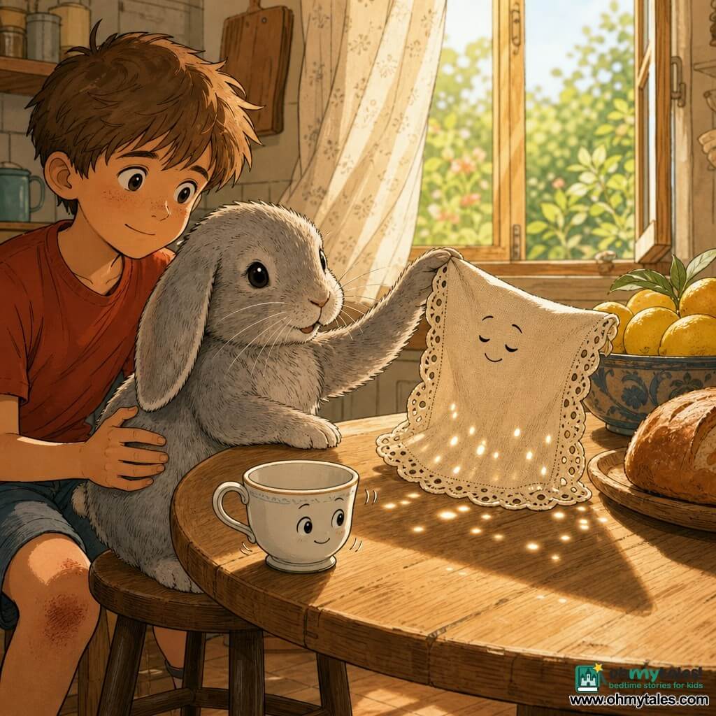 The main character is a small realistic plush rabbit with thin gray ears, delicate whiskers and slightly faded fur, sitting on a stool at the edge of a round wooden table and raising a paw as if showing something; a worn cloth napkin with several little holes acts as a secondary character, hanging over the table edge and appearing proud and calm as sunlight streams through its holes and casts points of light on the table; a small white porcelain cup with a fine handle sits in front of the rabbit, vibrating gently with a friendly presence; a boy with scraped knees, messy hair and a gentle smile holds the rabbit on his lap in the background left, looking amazed; the warm kitchen setting includes a light wooden round table, a golden sunlit center with a bowl of lemons and warm bread, an open window with a light curtain revealing a blurred green garden; the scene focuses on the rabbit presenting the holey napkin like a story map, calm tender mood, warm colors, soft contrasts, clear narrative style.