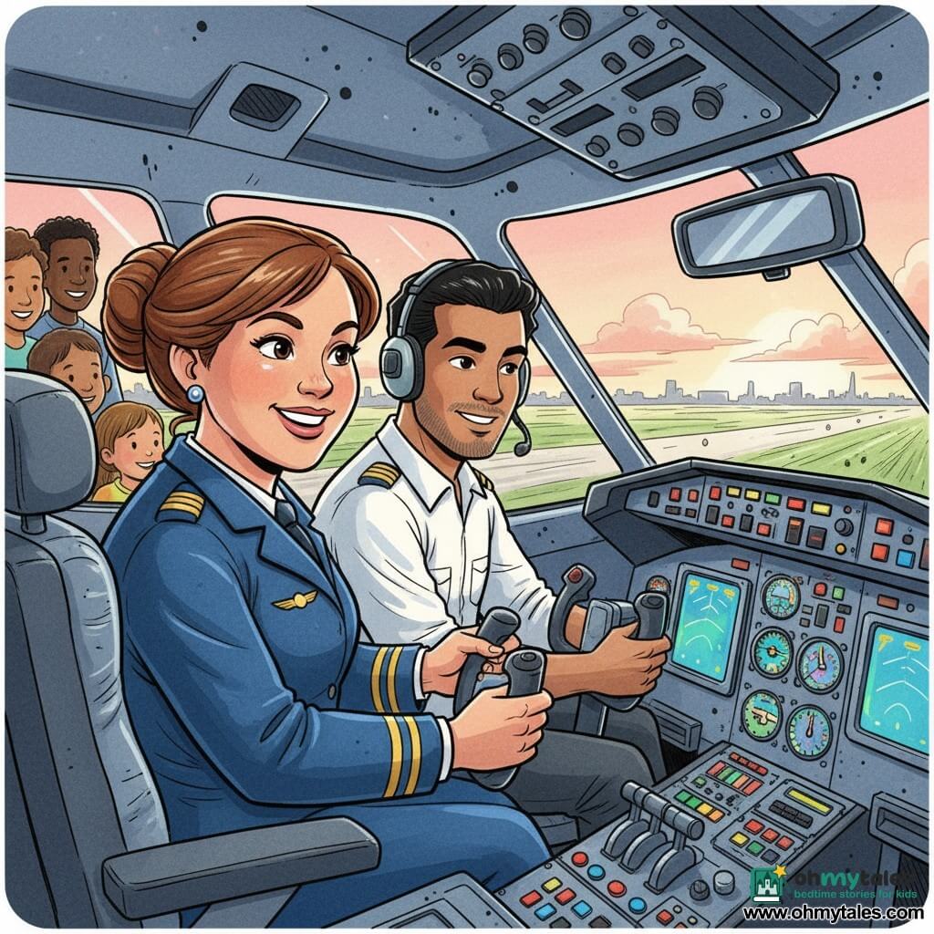 A female pilot in her thirties with chestnut hair in a bun, a round face, bright eyes and a confident smile wears a navy pilot jacket with gold insignia, hands on the yoke and face lit with excitement; beside her a focused male copilot around 30 with short black hair and light beard wears a headset and checks instruments to his right. Blurred smiling passengers, including children, look out the side windows. The cockpit shows a dashboard of bright screens, colorful buttons, metal levers and glossy instrument reflections. Through the large windshield the runway slides by with green grass and distant buildings under a pink-amber morning sky; the plane is lifting off with the nose rising, low clouds and a wide horizon conveying adventure and safety.