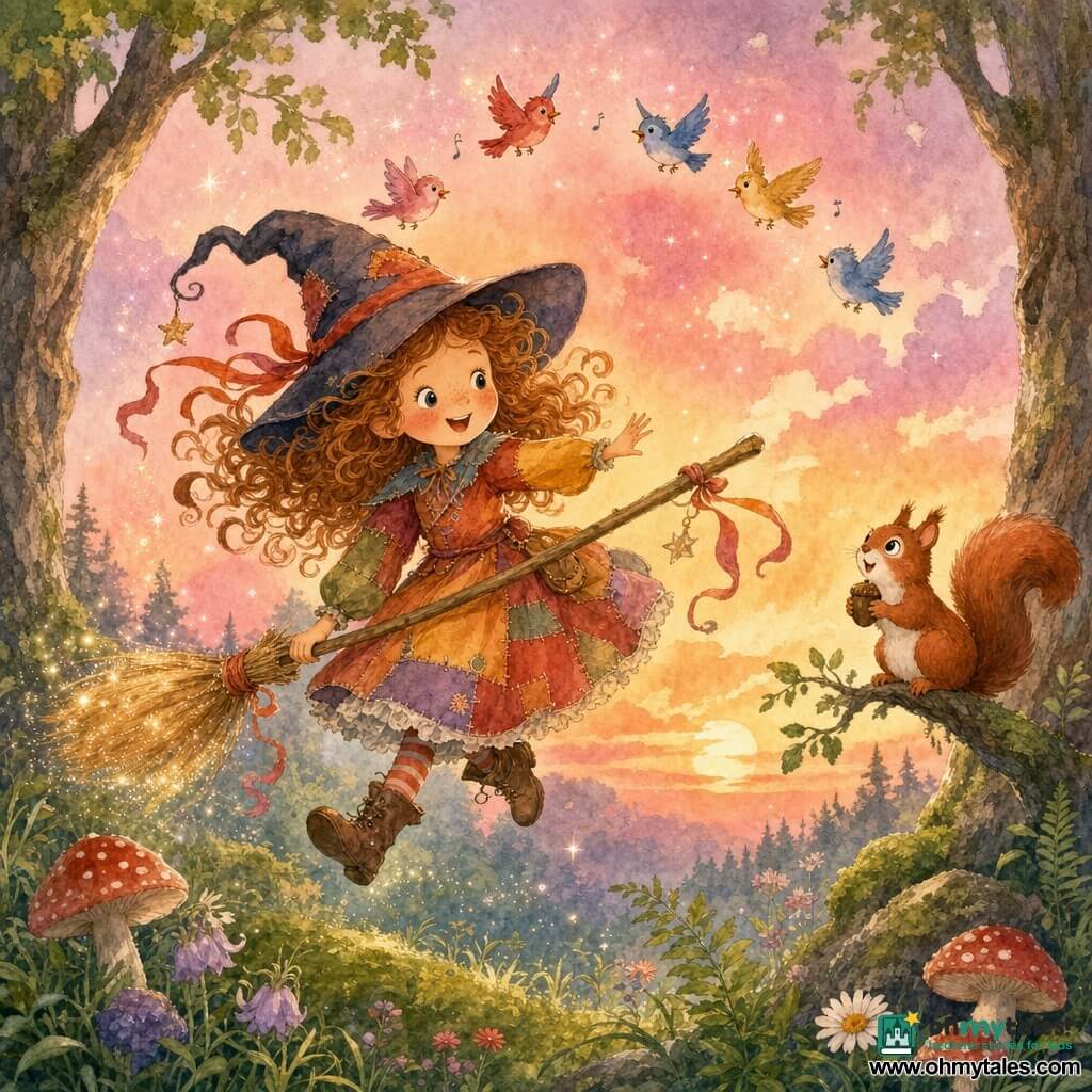 A mischievous, joyful young witch with sparkling eyes and a trembling pointed hat smiles as she balances and dances on a gleaming broom; she wears a warm-colored patchwork dress, soft leather boots, and has ribbons and curls floating around her while a red squirrel perches on a branch to her right holding a hazelnut and colorful birds (red, blue, yellow) flutter in a semicircle above; the scene is a mossy forest clearing with textured tree trunks, ferns, wildflowers and round mushrooms in the foreground, under a pink-orange-violet sunset sky with fluffy clouds and falling magical sparkles, rendered with clean lines and delicate watercolor washes.