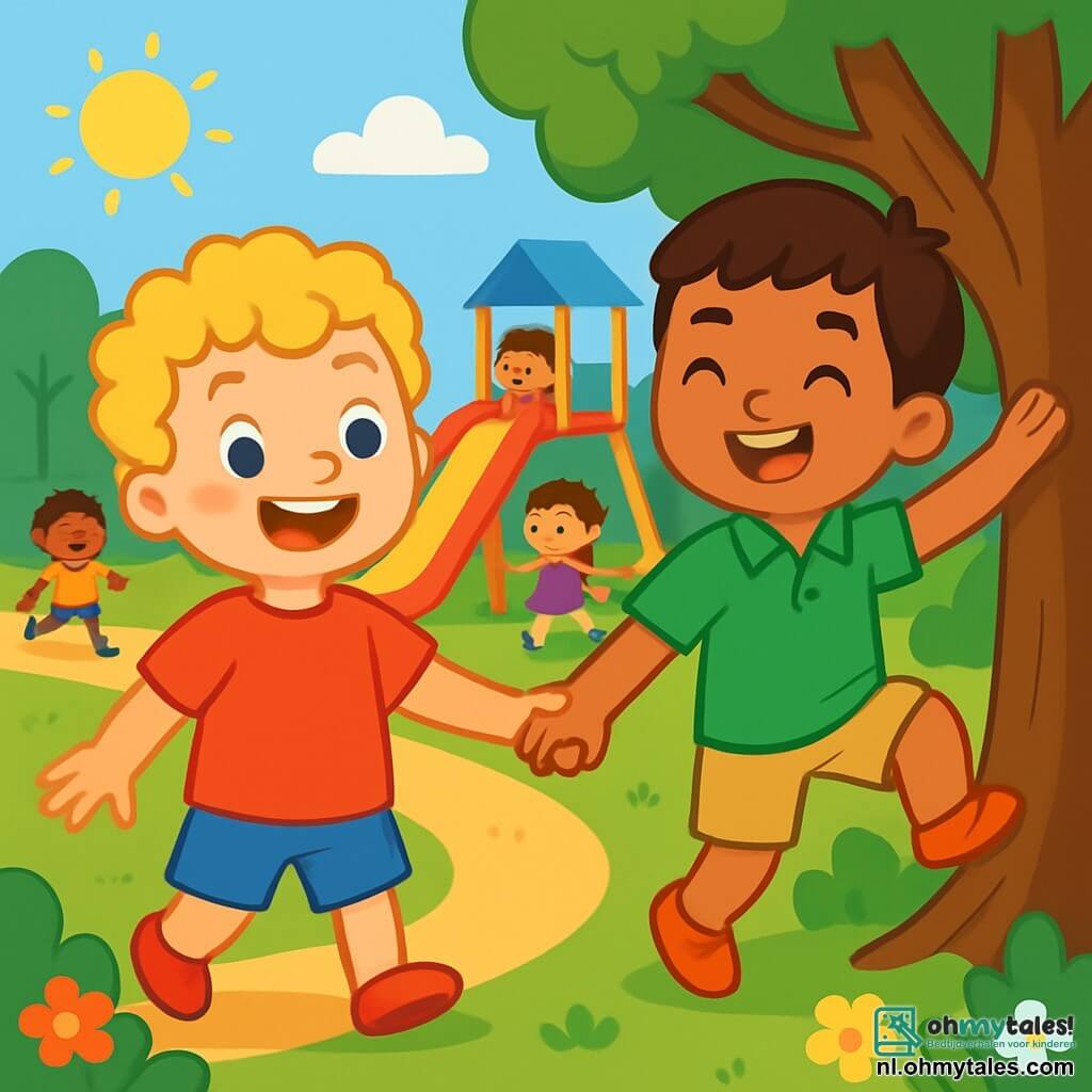Een 4-jarig jongetje genaamd Tom, met krullend blond haar en sprankelende ogen, draagt een rood t-shirt en een blauwe short. Hij glimlacht breed, met zijn wangen rood van opwinding, terwijl hij zijn hand uitsteekt naar zijn nieuwe vriend. Naast hem staat Samir, een 4-jarig jongetje met bruin haar en een olijfkleurige huid, in een groene shirt en een beige short. Hij lacht, met stralende ogen van geluk, en maakt zich klaar om in een grote boom te klimmen. De locatie is een zonnig park, vol met weelderig groen, met een grote kleurrijke glijbaan en een levendig speelterrein. Multikleurige bloemen omringen het pad, en kinderen spelen vrolijk om hen heen. De belangrijkste situatie toont Tom en Samir, hand in hand, klaar om samen het park te verkennen, met stralende gezichten vol vreugde en vriendschap, die de schoonheid van diversiteit en kameraadschap symboliseren.