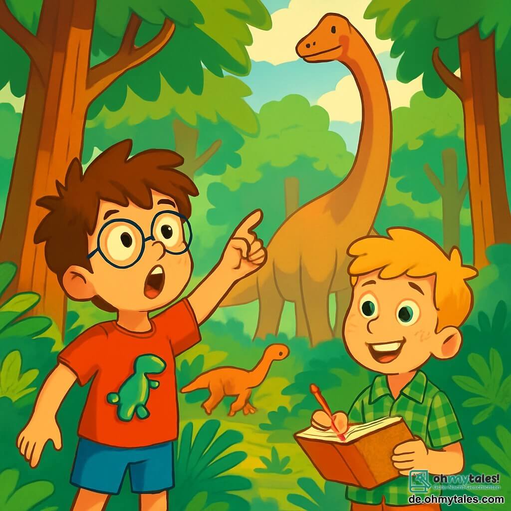Es gibt zwei Hauptfiguren: Max, ein 10-jähriger Junge mit zerzausten braunen Haaren und runden Brillen. Er trägt ein rotes T-Shirt mit einem Dinosaurier und eine blaue Shorts. Er steht mit weit aufgerissenen Augen voller Staunen und zeigt auf einen riesigen Dinosaurier. Leo, ebenfalls 10 Jahre alt, hat blonde Haare und Sommersprossen im Gesicht. Er trägt ein grünes kariertes Hemd und beige Hosen. Er steht neben Max, lächelt und hält ein kleines Notizbuch, in das er über die Dinosaurier, die sie beobachten, Notizen macht. Die Szene spielt in einem üppigen prähistorischen Wald mit großen Bäumen und riesigen Farnen. In der Ferne steht majestätisch ein riesiger Brachiosaurus, dessen Kopf die Baumkronen berührt, während andere Dinosaurier friedlich im Unterholz umherziehen. Sonnenlicht filtert durch die Blätter und erzeugt ein Spiel von Schatten und Licht auf dem Boden. Max und Leo sind fasziniert von der Entdeckung dieser riesigen Kreaturen, beobachten die Dinosaurier aufmerksam, machen Notizen und diskutieren ihre Merkmale. Die Atmosphäre ist voller Aufregung und Neugier, mit lebendigen Farben und fesselnden Details, die Abenteuer und Lernen hervorrufen.