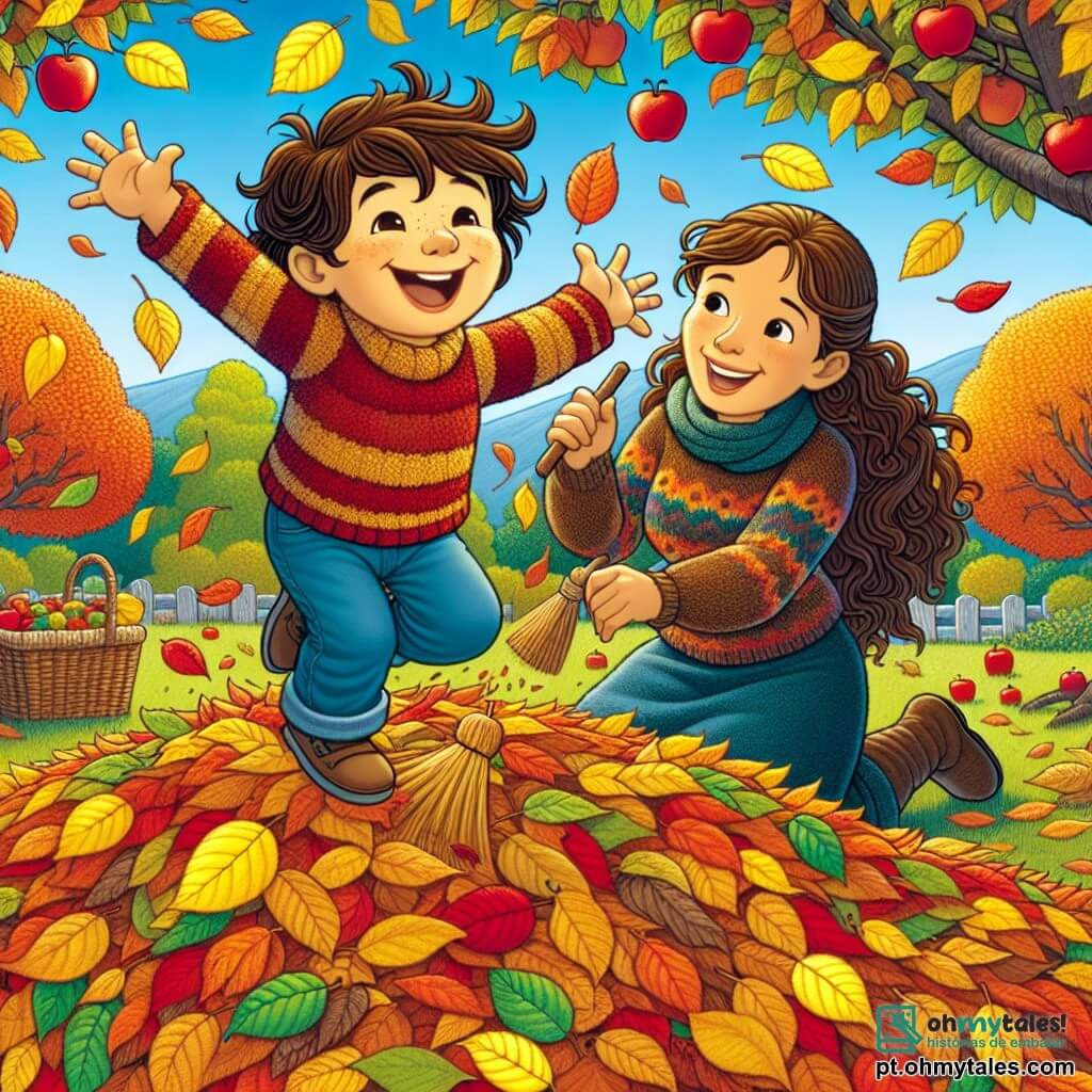 Um menino de 4 anos, Miguel, com cabelos castanhos e cacheados, e um grande sorriso no rosto, está pulando alegremente em um monte de folhas coloridas, com os braços abertos, cercado por folhas amarelas, laranjas e vermelhas que voam ao seu redor. Sua mãe, uma mulher de cerca de 30 anos com cabelos longos castanhos e um suéter de lã, está próxima, sorrindo, enquanto recolhe folhas com uma pequena vassoura. Ela observa Miguel com ternura e diversão. O jardim está cheio de árvores com cores de outono, com maçãs vermelhas penduradas em um galho e um céu azul claro ao fundo. O chão está coberto de folhas secas, criando um tapete colorido sob os pés de Miguel. A cena principal mostra Miguel se divertindo ao pular nas folhas, enquanto sua mãe o encoraja e aproveita esse momento mágico de outono em família.