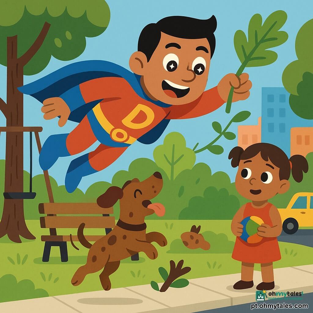 Super Dudu, homem confiante com capa azul, sorri enquanto levanta um galho para libertar Léo, um pequeno cão marrom manchado que pula feliz; uma menina de ~6 anos de tranças e vestido vermelho observa aliviada segurando uma bola, perto de um banco no passeio; ao fundo à direita, um carro amarelo parado lembra o perigo evitado; parque luminoso com relva verde, árvore de tronco texturizado e folhas arredondadas, balanço e prédios coloridos sob céu azul claro; cena clara e alegre com formas simples, cores planas e contornos suaves.