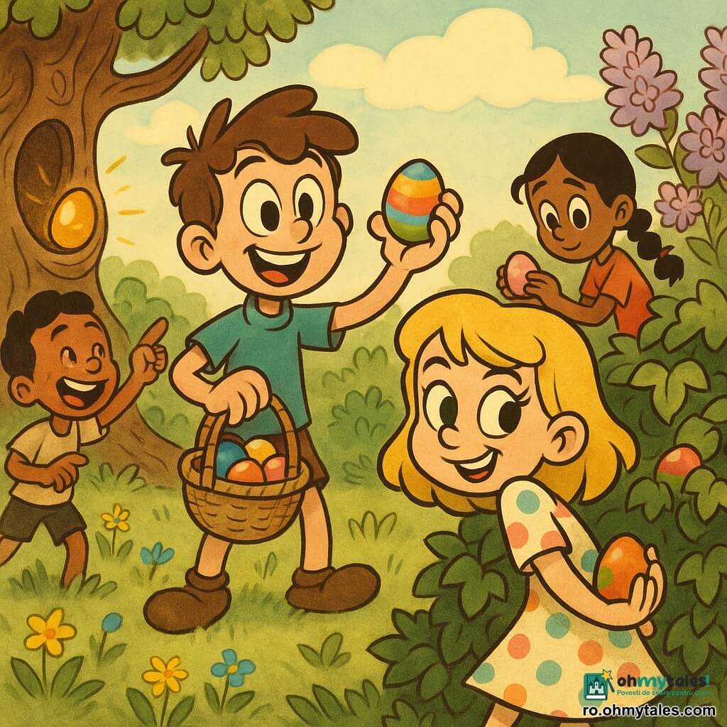 Ana, fată de 10 ani, zâmbitoare, păr blond până la umeri, ochi verzi, poartă o rochie cu buline pastel și ascunde un ou colorat după un tufiș de iederă; Mihai, băiat ~10 ani, entuziast, păr șaten zburlit, ține un coș dungi și arată un ou vopsit curcubeu, stânga; Cristina, fată ~9–10 ani, timidă, coadă împletită neagră, culege un ou roz lângă un tufiș de liliac, în spate dreapta; Radu, băiat ~10 ani, râzând, pistruiat, arată spre o cavitate în trunchiul unui măr vechi unde strălucește un ou auriu, în spate stânga; grădină de primăvară cu iarbă verde, flori galbene și albastre, liliac în floare și un coș de nuiele pe peluză; vânătoare de ouă de Paște dimineața, atmosferă veselă, lumină blândă, paletă pastel, stil desen animat retro cu forme rotunjite.