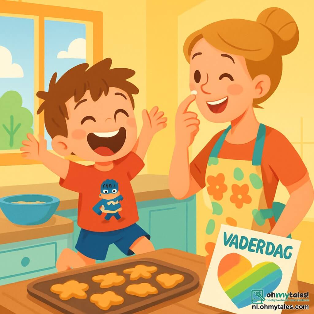 Een vierjarig jongetje, Timmy, met rommelig bruin haar en sprankelende ogen van blijdschap springt van geluk in een zonnige keuken. Hij draagt een rode t-shirt met een superheldenafbeelding en een spijkerbroek. Zijn mond staat wijd open in een stralende glimlach, vol enthousiasme voor vaderdag. Zijn moeder, een vrouw van ongeveer 30 jaar met blond haar in een knot, staat naast hem en lacht terwijl ze een beetje bloem van zijn neus afveegt. Ze draagt een kleurr apron met bloemmotieven en kijkt Timmy teder aan. De keuken is helder, met gele muren en open ramen die zonlicht binnenlaten. Op de tafel staat een grote schaal vol heerlijke sterren- en hartvormige koekjes, en een mooie, kleurrijke tekening van Timmy ligt ernaast. Timmy bereidt een verrassing voor zijn papa, met een ondeugende en enthousiaste blik, terwijl zijn moeder hem aanmoedigt en helpt bij zijn project.