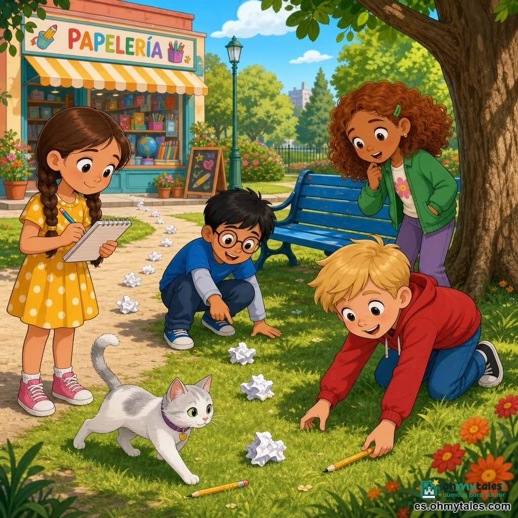 Hay cinco personajes: cuatro niños —Laura, 9 años, cabello castaño trenzado, vestido amarillo de lunares, en primer plano a la izquierda, escribe en un cuaderno; Mateo, 9 años, cabello corto negro, gafas redondas, camisa azul, en el centro, agachado señalando una pista de papel; Sofía, 8 años, cabello rizado cobrizo, chaqueta verde, a la derecha junto a un árbol observando; Tomás, 8 años, cabello rubio, sudadera roja, en primer plano a la derecha recogiendo un lápiz amarillo— y un gato blanco con reflejos grises que se aleja hacia la izquierda con la cola levantada y un pequeño lápiz amarillo cerca de sus patas. Lugar: un parque soleado junto a una papelería colorida, césped cortado, sendero de grava beige, árbol de tronco texturado, banco azul y flores rojas y naranjas; ambiente luminoso y cálido. Situación: acaban de recuperar el lápiz amarillo; Tomás lo recoge, el gato se aleja, Laura apunta la prueba en su cuaderno, Mateo muestra papeles arrugados en el suelo y Sofía vigila el árbol; escena dinámica, expresiones alegres y colores vivos.