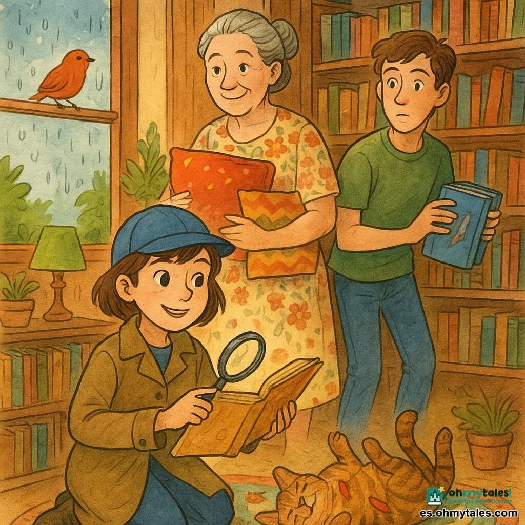 Clara, niña de unos 10 años, sonriente y orgullosa, pelo castaño corto, gorra azul de detective y abrigo caqui, arrodillada junto a una estantería sosteniendo un libro amarillento con una mano y una lupa redonda con la otra; doña Juana, bibliotecaria de unos 50 años, pelo gris recogido en un moño y vestido de flores, de pie detrás con cojines coloridos y sonrisa dulce; Pedro, aprendiz de bibliotecario de unos 16 años, camiseta verde y pelo castaño, coloca libros de aves en la estantería cercana mirando la escena, algo sorprendido; Manchas, gato atigrado macho, rueda en el suelo junto a los pies de Clara con plumas rojas en el pelaje y actitud juguetona; un pequeño pájaro rojo posado en el alféizar de la gran ventana empañada fuera, cabeza ladeada mirando con curiosidad; biblioteca del pueblo con estanterías de madera, libros coloridos, alfombra circular con motivos de animales, lámparas de luz cálida, plantas y gotas de lluvia en la ventana; situación: Clara muestra el libro recuperado a un grupo de niños sentados en cojines, ambiente cálido y resuelto, detalles visibles: plumas rojas, esquinas mordidas del libro, páginas despeinadas, arañazos del gato y luz suave de poslluvia.