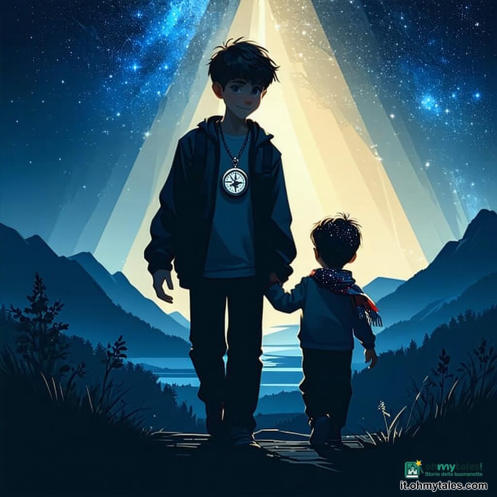 Un giovane uomo, Elias, guarda con dolcezza e determinazione, volto ovale, capelli castani corti, giacca blu scuro e bussola d'argento al collo; tiene la mano di un bambino mentre camminano verso la luce. Un ragazzo di circa 8 anni, pallido poi rossito, capelli arruffati spruzzati di bagliori, con una piccola sciarpa colorata, alla destra di Elias, sguardo meravigliato e sorriso timido. Una figura-ombra, Lume, silhouette diafana dai contorni di bruma argentata, leggermente indietro a sinistra, mani aperte e tenue alone protettivo. La scena è una grande piazza lastricata sotto una cupola dorata, lanterne sospese, fontana rotonda, fiori luminosi e un grande albero di foglie-lampada al centro. Azione principale: Elias riporta il bambino nella piazza illuminata con Lume che accetta la compagnia; forti contrasti tra ombra blu-grigio ed éclat caldi d'oro e ambra, composizione semplice, forme geometriche nette e colori piatti.
