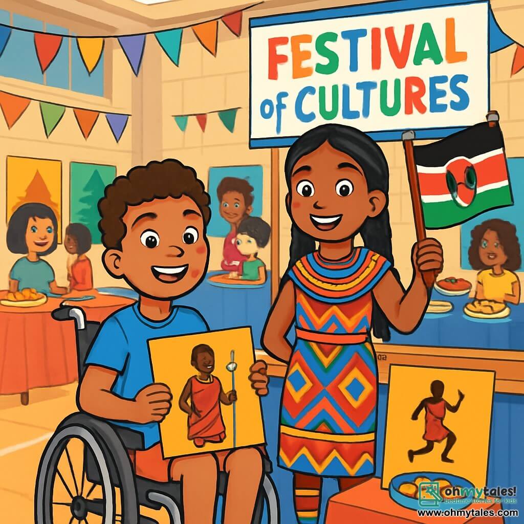 There are two main characters: Liam, an 11-year-old boy with curly hair and a bright smile, sitting in his wheelchair, wearing a vibrant blue t-shirt and shorts, holding a colorful sign representing Maasai culture; and Aisha, an 11-year-old girl with long braided black hair and sparkling eyes, wearing a dress with colorful Maasai-inspired patterns, standing beside Liam, smiling and holding a Maasai flag. The main setting is a gym decorated for the Festival of Cultures, with colorful banners on the walls, stands representing different cultures around the room, tables covered with traditional dishes from around the world, and children of various backgrounds moving around, exchanging smiles and laughter. The main situation shows Liam and Aisha running their stand on Maasai culture, presenting vibrant posters, joyfully dancing while mimicking traditional jumps, and sharing food samples with curious classmates surrounding them, captivated by their enthusiasm and passion for diversity.