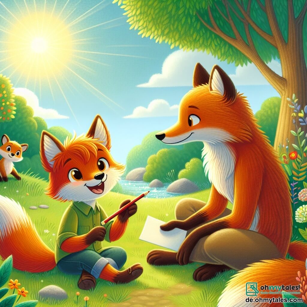 Ein kleiner Fuchs namens Felix, mit einem leuchtend orangefarbenen Fell und einem langen buschigen Schwanz, sitzt auf dem grünen Gras, entschlossen und lächelnd, einen Bleistift und ein kleines Stück Papier haltend. Neben ihm schaut seine Mama, eine schöne Füchsin mit weichem braunem Fell, liebevoll auf ihren Sohn, mit einem leichten Lächeln im Gesicht, während sie ein weiteres Papier hält. Sein Papa, ein kräftiger Fuchs mit etwas dunklerem Fell, beugt sich zu ihnen, aufmerksam und gelassen, bereit zuzuhören. Ihre Diskussion findet in einem sonnigen Garten statt, umgeben von leuchtend grünen Bäumen und bunten Blumen, die im Wind tanzen. Im Hintergrund funkelt ein Bach in der Sonne und verleiht der Szene einen Hauch von Magie. Felix schlägt ein Familientreffen vor, um über ihre Gefühle zu sprechen, während seine Eltern ihm aufmerksam zuhören und einen warmen, liebevollen Moment schaffen.