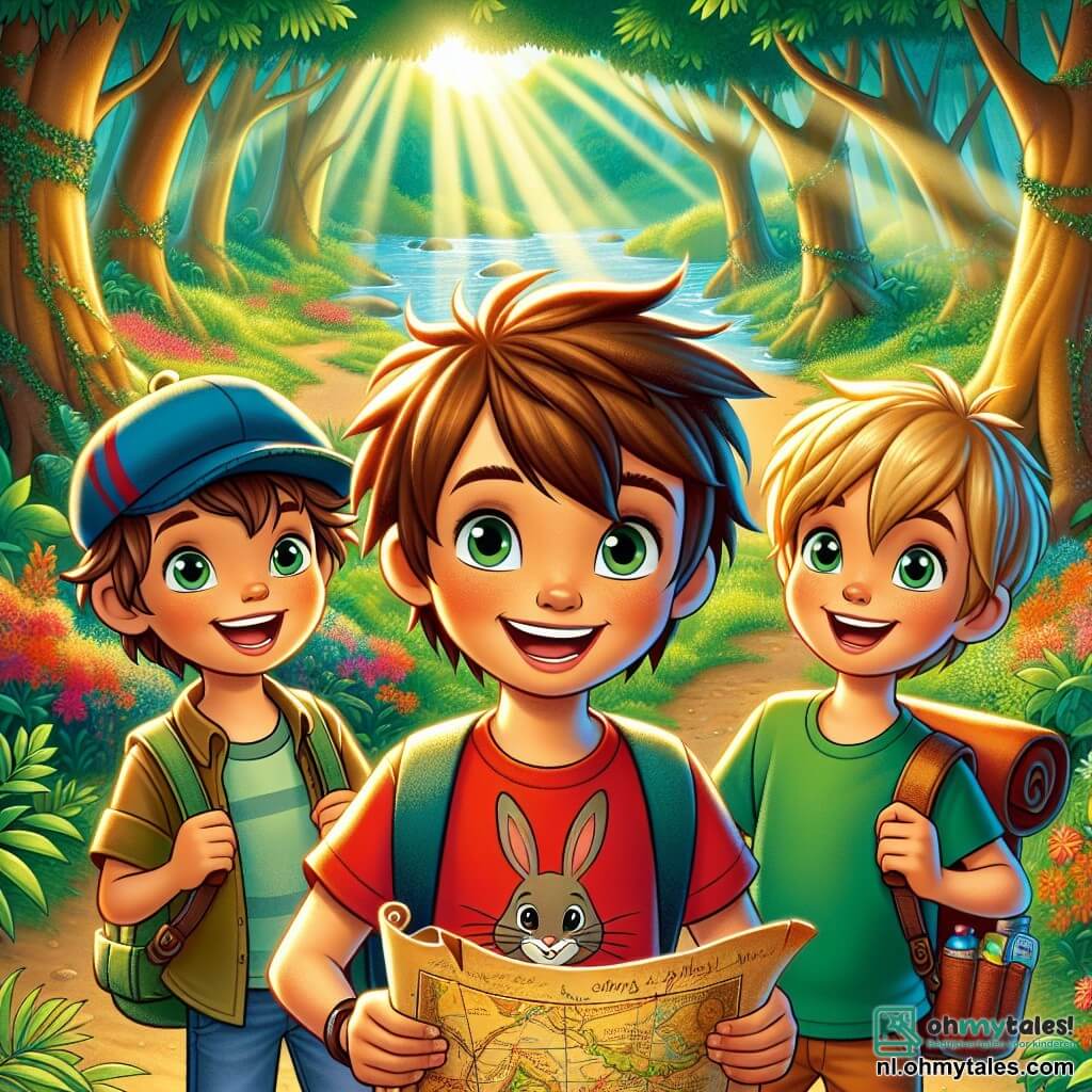 Drie jongens, Sam, Tom en Lars, staan in het midden van de afbeelding. Sam, 10 jaar oud, heeft rommelig bruin haar en draagt een rood T-shirt met een konijnafbeelding. Hij glimlacht enthousiast terwijl hij een oude kaart vasthoudt. Rechts van hem staat Tom, ook 10 jaar, met blond haar en een blauwe pet. Hij kijkt om zich heen met sprankelende ogen, klaar voor avontuur. Links staat Lars, een 9-jarig jongen met kastanjebruin haar en een groen T-shirt. Hij houdt een rugzak vol snacks vast en toont een brede glimlach. Hun omgeving is een prachtig Betoverde Bos met grote bomen en felgroene bladeren. Kleurrijke bloemen dansen in de wind, en een zonnestraal verlicht het pad voor hen. Op de achtergrond kronkelt een glinsterende rivier door het landschap. De jongens bereiden zich voor op hun zoektocht naar het magische Paasei, klaar om het mysterieuze bos in te gaan, omringd door de opwinding en magie van het avontuur dat hen te wachten staat.