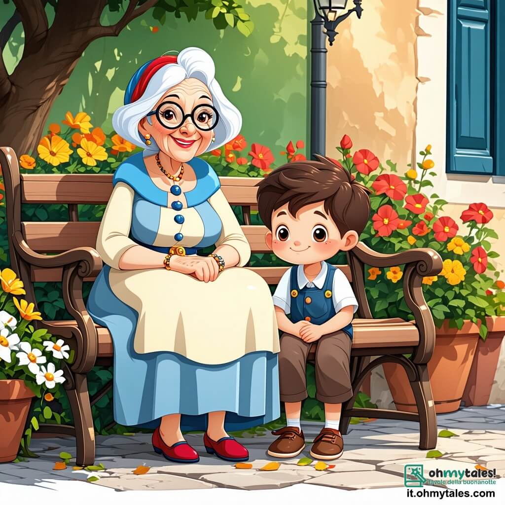 Al centro dell'immagine, Nonna Carla, una donna anziana con capelli bianchi come la neve, indossa occhiali rotondi che scivolano sul naso. Ha un sorriso caloroso e occhi brillanti di saggezza, seduta su una panchina di legno nella piazza, circondata da fiori colorati. Alla sua destra, Luca, un ragazzo di 8 anni con capelli castani in disordine, è seduto con occhi brillanti di eccitazione, tenendo un piccolo quaderno in cui disegna idee per la festa della pace. Alla sua sinistra, Sofia, una ragazza di 7 anni con capelli ricci e un grande sorriso, sta colorando un grande pannello con disegni di colombe e cuori, mostrando il suo entusiasmo. Il luogo è una piazza soleggiata e affascinante, decorata con fiori multicolori, con alberi verdi sullo sfondo e festoni di luci appesi, creando un'atmosfera gioiosa e accogliente. La scena principale mostra Nonna Carla che racconta una storia ispiratrice ai bambini, che la ascoltano attentamente, catturati dalle sue parole, mentre l'aria è piena di risate e musica, simboleggiando l'unità e la speranza di un mondo in pace.