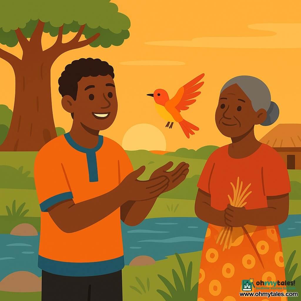 Kwame, about 25, smiling with brown skin and short curly hair, wearing an orange and blue tunic, holds a small red-and-yellow passerine with a healed wing in his open hands as Mama Amina, about 60, dark-skinned with gray hair in a bun and a wrapped skirt holding dried herbs, stands kindly by a small wooden hut; they are on a riverbank with clear water, smooth rocks, green grass, a large baobab and clay village huts in the background; Kwame opens his hands to release the bird into the orange sunset sky, his face showing gentle joy as leaves and grass move lightly.