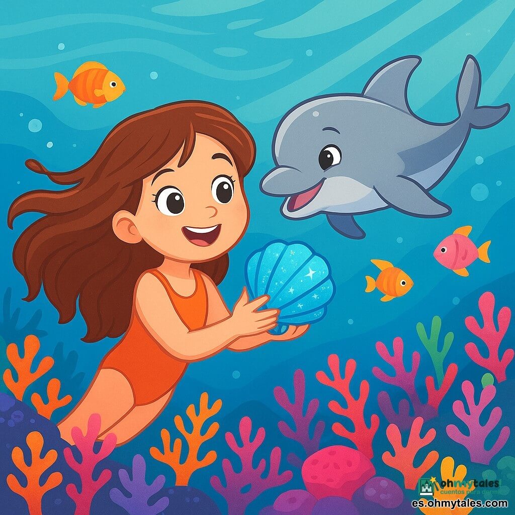 Una niña de 8 años, Lucía, con largos cabellos castaños flotando en el agua, ojos llenos de curiosidad y una gran sonrisa maravillada, nada alegremente bajo el mar, sosteniendo una concha azul brillante en sus manos. A su lado, un delfín sonriente, Delfi, con piel gris brillante y ojos traviesos, hace piruetas en el agua, añadiendo un toque de magia a la escena. El decorado es un mundo submarino vibrante, lleno de corales coloridos en tonos rosas, naranjas y violetas, peces multicolores nadando a su alrededor, y rayos de luz filtrándose a través de la superficie del agua, creando una atmósfera de ensueño. Lucía y Delfi exploran juntos un magnífico arrecife de coral, rodeados de fascinantes criaturas marinas, mientras descubren tesoros ocultos y maravillas submarinas.