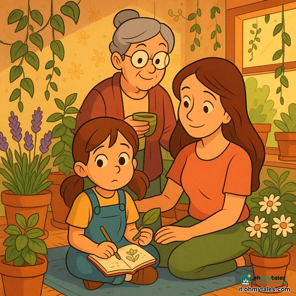 Bambina di 8 anni, Sofia, viso rotondo, occhi nocciola grandi, capelli castani in due codini, espressione leggermente confusa ma serena, seduta su un tappeto blu a disegnare fiori in un piccolo quaderno tenendo una foglia; la madre (30–35 anni), capelli lunghi castani, sorriso dolce, seduta accanto a lei con una mano sulla spalla; la nonna (65–70 anni), capelli grigi raccolti, occhiali rotondi, in piedi dietro con una piccola tazza di tisana e sguardo caldo; ambiente serra interna/camera delle piante con vasi di terracotta, lavanda, mentuccia, margherite e liane, luce dorata che filtra dalla finestra, atmosfera intima e tranquilla mentre la bambina parla piano alle piante e respira profondamente; colori pastello caldi, contorni morbidi in stile cartone animato anni ’90, linee pulite, colori saturi ma soffici, texture di carta e terracotta, inquadratura mezza figura centrata sui tre personaggi.