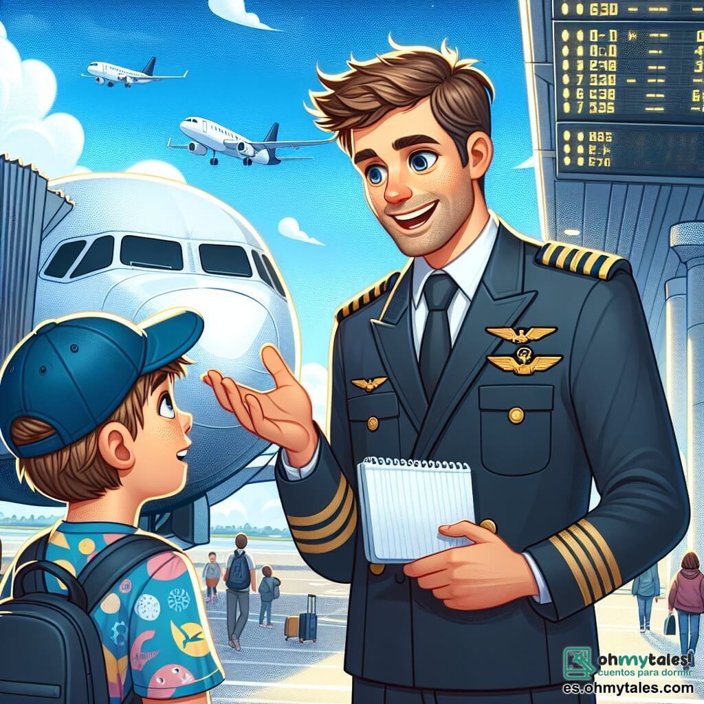 Un piloto hombre, de unos 35 años, sonriente y carismático, vestido con un uniforme azul marino con epaulettes doradas, se encuentra junto a un gran avión en el aeropuerto. Su cabello castaño está ligeramente despeinado por el viento, y sus ojos brillan de emoción mientras cuenta una historia a un joven llamado Lucas, de 12 años, que lleva una gorra de aviación y una camiseta colorida. Lucas escucha atentamente, con los ojos abiertos de fascinación, sosteniendo un pequeño cuaderno en sus manos. El aeropuerto está animado, con aviones al fondo, pasajeros dirigiéndose a sus puertas de embarque y paneles luminosos que indican los vuelos. El cielo es de un azul brillante, salpicado de algunas nubes blancas esponjosas. La escena principal muestra al piloto compartiendo historias de sus aventuras en vuelo con Lucas, creando un momento mágico de inspiración y sueño, mientras están junto al avión, rodeados de la efervescencia del aeropuerto.