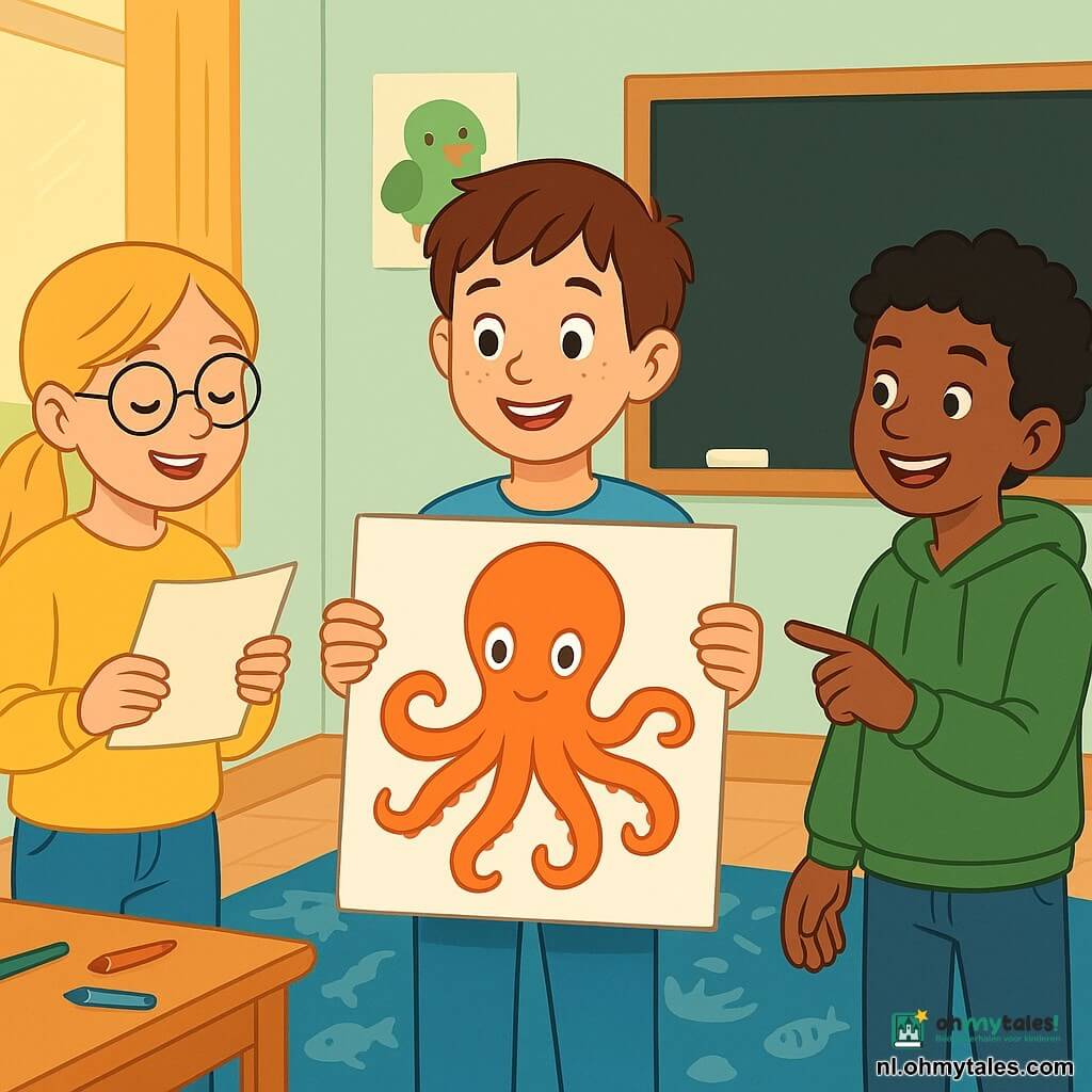 Drie kinderen van ongeveer 10 jaar in een warme klas: een jongen met kort bruin haar en sproetjes in het midden toont trots een groot blad met een illustratie van een oranje octopus, links staat een blonde meisje met paardenstaart en ronde bril in een geel trui die een kort gedicht voorleest, rechts een jongen met krullend zwart haar en groene trui wijst lachend naar een detail van een octopustekening met zonnebril; de klas heeft pastelkleurige muren, een grote linkerraam met goudlicht, een schoolbord met gekleurde krijtjes, houten tafels, een maritiem tapijt, dierenposters en verspreide kleurpotloden en penselen; sfeer zelfverzekerd, samenwerkend en vriendelijk, felle kleuren, eenvoudige vormen en strakke lijnen in een vrolijke vectorstijl, compositie gericht op de grote octopusillustratie.