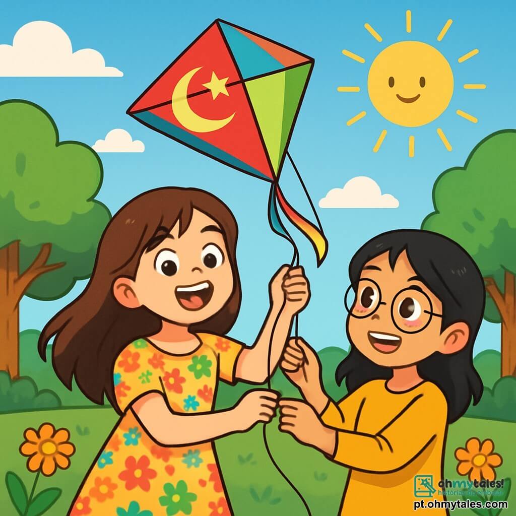 Uma menina de 12 anos, Amina, com longos cabelos castanhos e olhos brilhantes de curiosidade, sorri alegremente enquanto segura uma pipa colorida que voa no céu azul. Ela veste um vestido leve com estampas florais, e seu rosto irradia excitação e felicidade. Ao seu lado, sua melhor amiga Layla, também de 12 anos, com cabelos negros e óculos redondos, a ajuda a ajustar a pipa, seus olhos brilhando de entusiasmo. Elas estão em um parque verdejante, cercadas por árvores com folhas vibrantes e flores coloridas. O sol brilha, criando uma atmosfera calorosa e alegre. A cena captura o momento em que Amina e Layla conseguem fazer a pipa voar, simbolizando a amizade e a alegria compartilhada durante o Ramadan.