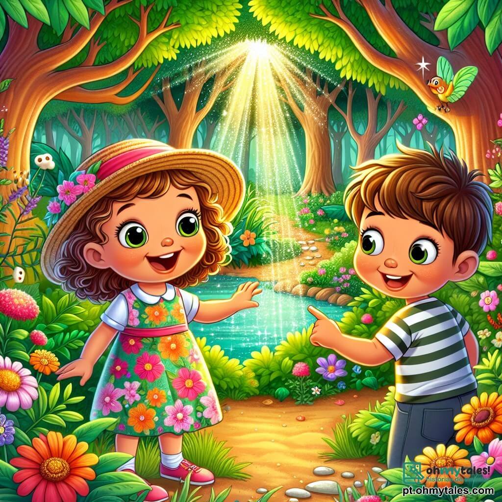 Uma menina de 4 anos, Lúcia, com grandes olhos brilhantes e cabelos cacheados, veste um vestido colorido de flores e um chapéu de palha. Cheia de encantamento e curiosidade, ela observa com empolgação um pequeno caminho secreto no parque. Ao seu lado, seu amigo Tomás, um garoto de 5 anos com cabelo curto e uma camiseta listrada, sorri enquanto aponta para a luz misteriosa que brilha atrás de um arbusto. O parque está repleto de grandes árvores com folhas verdes vibrantes, flores multicoloridas e um pequeno lago cintilante sob o sol. Pássaros cantam alegremente nos galhos, adicionando uma atmosfera mágica ao local. A cena principal mostra Lúcia e Tomás se aproximando do arbusto, intrigados pela luz que brilha através das folhas, prontos para descobrir o mistério que os aguarda.