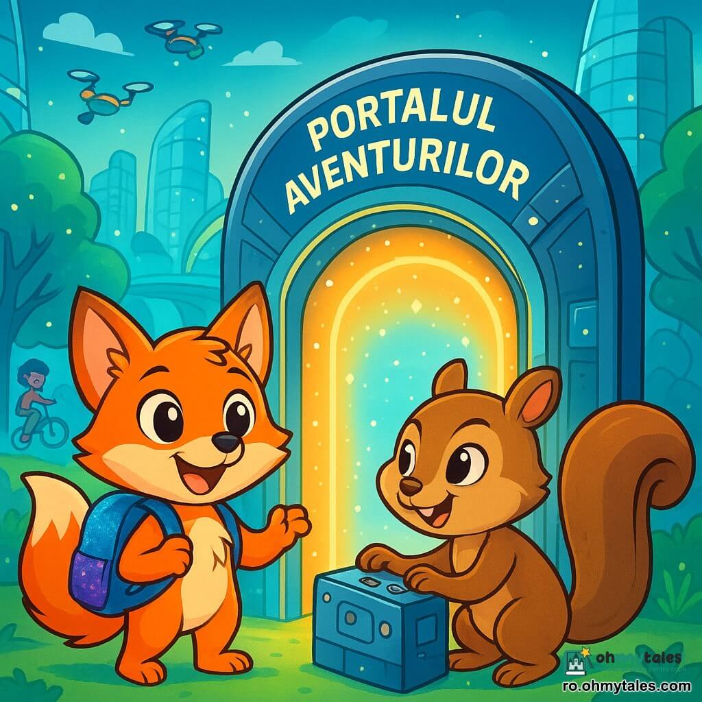 O vulpiță mică cu ochi strălucitori și blană strălucitoare de culoare portocalie, Nori, stă în fața unei uși futuriste strălucitoare, plină de entuziasm și curiozitate. Ea poartă un rucsac sclipitor și un zâmbet radiant, pregătită pentru o nouă aventură. Lângă ea, Luna, o veveriță cu blană brun aurie și ochi jucăuși, ajustează butoanele unei mașini ciudate, având o expresie de entuziasm și determinare. Decorul este un parc futurist, cu copaci cu frunze luminescente și structuri din sticlă și metal care se ridică spre cer. Drone zboară deasupra, în timp ce copii-animale se joacă pe monocicluri flotante. Scena emană o atmosferă veselă și dinamică, cu culori vii și lumini sclipitoare. Nori și Luna se pregătesc să activeze Portalul Aventurilor, o ușă magică care strălucește intens, gata să le ducă spre destinații necunoscute și fascinante.