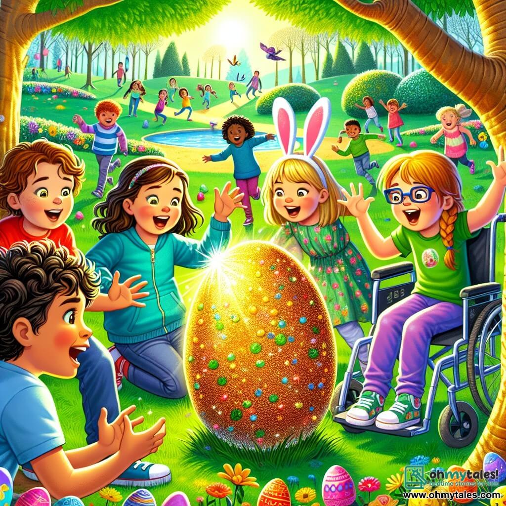 In a sunny park, four children are gathered around a large tree. Max, an 11-year-old boy with curly hair and a red shirt, looks excitedly at a sparkling golden egg he has just discovered. To his right, Ella, a 10-year-old girl in a wheelchair wearing a blue floral dress, smiles joyfully while holding a small notebook. On the left, Zoe, an 11-year-old girl with braided blonde hair, makes a dramatic gesture with her arms raised, as if telling an incredible story. Finally, Leo, a 10-year-old boy with glasses and a green t-shirt, crouches near the egg, his eyes wide with surprise. The park is filled with bright colors: multicolored flowers line the paths, and children play in the background, laughing and running. A large sign decorated with rabbits and Easter eggs stands beside them, adding to the festive atmosphere. The main scene shows the children discovering the golden egg, a symbol of their Easter adventure, surrounded by laughter and friendship, ready to make a wish together.