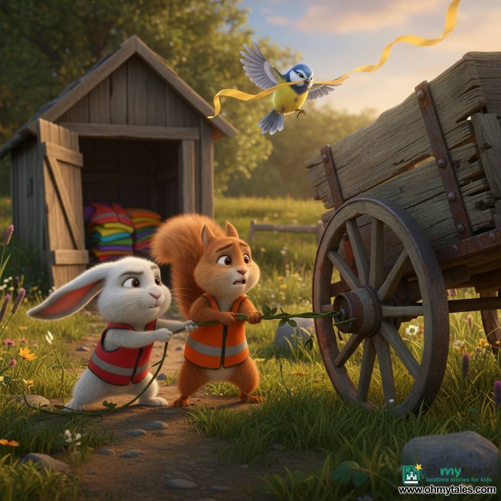 Hazel, a small white rabbit with long floppy ears wearing a bright reflective red vest, concentrates as she gently pulls a vine with her front paws; beside her Pip, a red squirrel with a bushy tail in an orange vest, anxious but determined, helps pull; above them Sky, a blue-and-yellow tit, flies over the cart holding a yellow ribbon in her beak that streams like a banner; an old wooden-and-metal cart with wide worn wheels and patches of rust rolls slowly toward a ditch at right; a partly open wooden shed filled with colorful vests, tall grass, wildflowers, stones and a dirt path fill the background; warm golden late-afternoon light, soft shadows, warm palette, detailed 3D cartoon look with soft fur and wood textures, clear expressions, slightly high medium shot showing the action and tension.