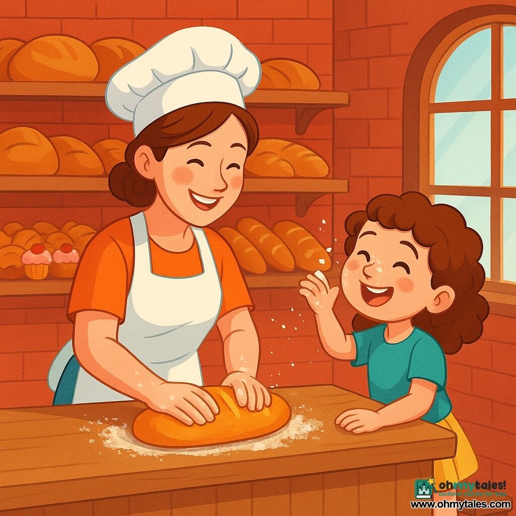 A baker woman, Mira, stands behind a large wooden counter, smiling warmly with rosy cheeks and brown hair tied in a bun. She wears a white apron and a baker's hat, her hands covered in flour as she delicately shapes a golden loaf. Next to her, a small girl named Lila, 7 years old, with curly hair and sparkling eyes, laughs while trying to sprinkle flour on her nose, standing on a small step to reach the counter. The place is a cozy bakery with red brick walls, wooden shelves filled with golden breads and colorful pastries, and a large window letting in morning light, illuminating the room with a soft glow. The main scene shows Mira and Lila preparing bread together, with laughter and flour in the air, creating a joyful and welcoming atmosphere full of magic and sweetness.