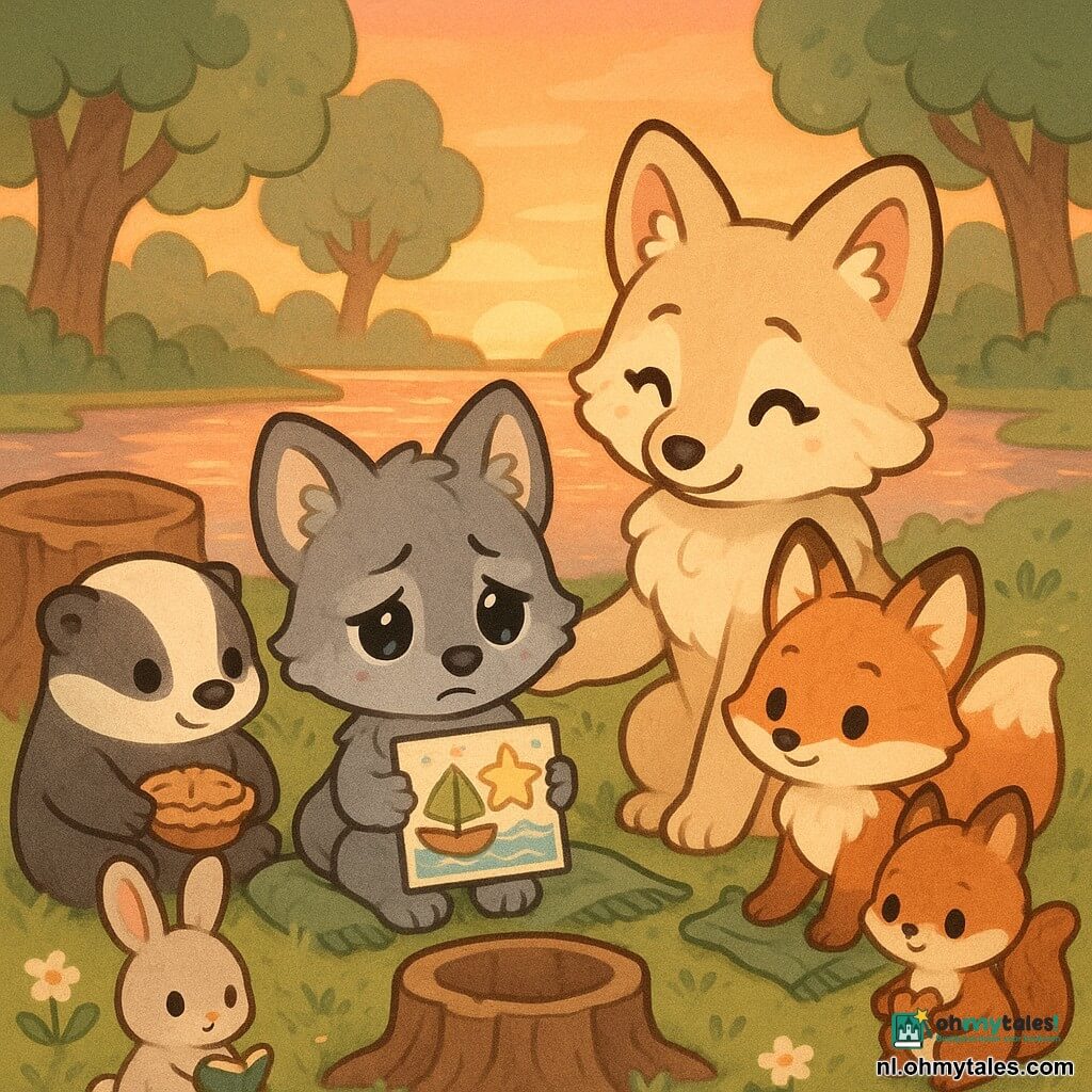 Wolfie, een klein grijs chibi-wolfje met grote zachte oren en glanzende ogen, kijkt verdrietig maar rustig en houdt een kleurrijke kaart met een bladboot en een grote ster; mama Wolfie, een beige chibi-wolf met zijdezachte vacht en liefdevolle blik, zit naast hem en legt troostend een poot op zijn schouder; Vosje, een rood chibi-jonkvrouwje, zit iets achter Wolfie met een bemoedigende uitdrukking en houdt een poot op een deken op de grond; vrienden (een gedrongen das, een langoorig konijn, een rood eekhoorntje) vormen een klein kringetje rond de familie, ieder met een warm gezicht en een klein aangeboden voorwerp (taart, hartvormige noot, notitieboekje), allemaal bij een oude holle boomstronk aan de oever van een rustig meer bij zonsondergang met roze-oranje weerspiegelingen, zachte groene grasveldjes en wilde bloemen, grote bomen met ronde bladeren; de scène toont een zacht herdenkingsritueel rond Wolfies kaart, warme serene sfeer, gouden avondlicht, geruststellende gezichten en troostende gebaren; grafische stijl: pasteltinten, dikke ronde contouren, zachte texturen, geruststellende sfeer voor jonge kinderen.