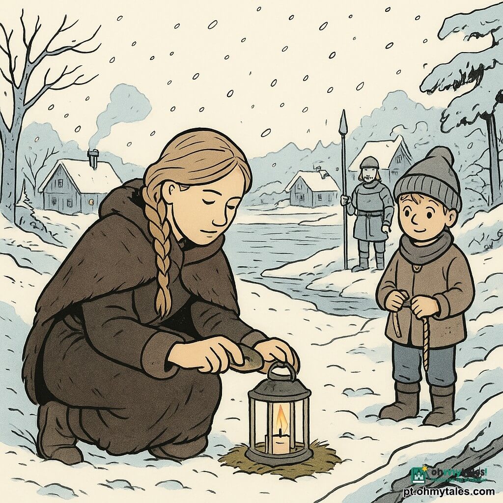 Mulher adulta — Freya — ajoelhada na neve, rosto calmo e concentrado, cabelos trançados, casaco de pele escuro e botas forradas; ela risca uma pedra no metal da sua lanterna para acender uma pequena chama. Menino de 6 anos — Torm — de pé um pouco afastado junto a uma trilha, gorro grande, olhos confiantes, segurando um pedaço de corda; observa Freya com admiração na entrada da aldeia. Homem adulto guarda — ao fundo, um guarda bigodudo em cotas simples com lança, atento junto à entrada. Local: trilha nevada ao lado de um fiorde, lagos congelados, troncos cobertos de neve, casas de madeira com telhados inclinados ao longe. Cena: noite clara sob nuvens baixas, vento rodopiando flocos; Freya reacende uma lanterna vacilante sobre um colchão de musgo seco, pequena chama quente contra o frio branco, atmosfera nórdica e serena.