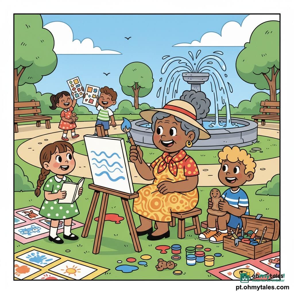 Dona Clara sorridente e afável, cabelos grisalhos encaracolados presos num coque, chapéu largo bege e lenço vermelho e amarelo; sentada num banquinho de madeira, segura um pincel com tinta azul e observa uma tela num cavalete. À esquerda, uma menina de 8 anos, cabelos castanhos em trança e vestido verde com bolinhas brancas, segura um caderno de desenho, concentrada e maravilhada. À direita, um menino de 7 anos, cabelos loiros encaracolados e camiseta às riscas azul e branca, modela uma pequena escultura de barro no colo junto a uma caixa de ferramentas. Ao fundo, uma menina de 6 anos e um menino de 9 riem segurando folhas coloridas de colagem perto da fonte do parque. Parque com relvado verde vivo, caminho pavimentado claro, bancos de madeira, grande fonte de pedra com salpicos estilizados, árvores de folhas arredondadas e céu azul com nuvens fofas. Cena: oficina de arte ao ar livre improvisada — exposição alegre das obras infantis sobre mantas, potes de tinta salpicados, ambiente claro e acolhedor, composições simples e cores saturadas.