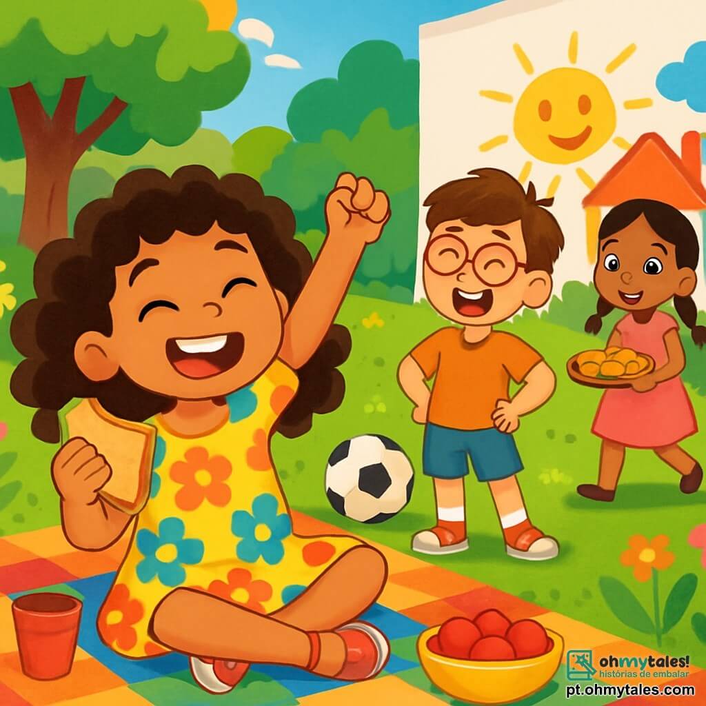 Uma menina de 8 anos, Sofia, com cabelos cacheados e um grande sorriso radiante de alegria, está sentada em um grande cobertor colorido em seu jardim. Ela usa um vestido de flores vibrantes e segura um sanduíche em uma mão, enquanto a outra mão está levantada em sinal de vitória. Ao lado dela, Lucas, um garoto de 8 anos com cabelos castanhos e óculos redondos, está rindo, com as mãos na cintura, enquanto olha para uma bola de futebol. Mais adiante, Mariana, uma menina de 7 anos com tranças e um vestido rosa, se aproxima com uma bandeja de biscoitos, seus olhos brilhando de empolgação. O jardim está cheio de flores coloridas, árvores verdes e uma parede branca onde as crianças começaram a pintar um grande mural. A cena principal mostra Sofia e seus amigos aproveitando um piquenique alegre, cercados de risadas e criatividade, com cores vivas e uma atmosfera ensolarada.