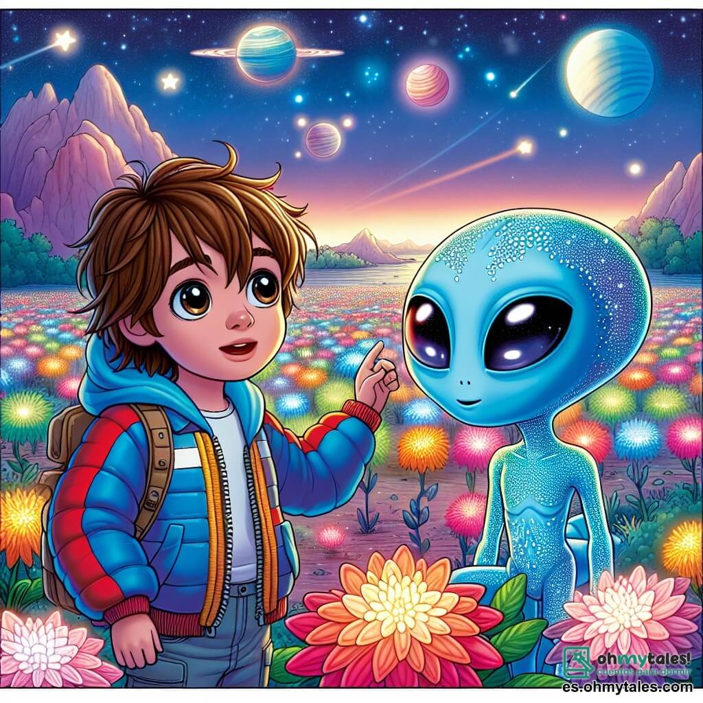 Un joven con cabello castaño alborotado, vestido con un traje espacial colorido, observa con asombro un paisaje extraterrestre, sus ojos brillando de emoción y curiosidad. Está de pie sobre un suelo cubierto de flores luminosas de colores vivos, que se extienden hasta donde alcanza la vista. A su lado, un extraterrestre de color azul celeste, con grandes ojos expresivos y piel brillante, sonríe cálidamente, mostrando una actitud amistosa y acogedora. Señala un cielo estrellado lleno de planetas y nebulosas brillantes, mientras una suave brisa hace danzar las flores a su alrededor. En el fondo, montañas majestuosas de tonos pastel se alzan bajo un cielo crepuscular, creando una atmósfera mágica y encantadora. La escena captura el momento en que el niño y el extraterrestre descubren juntos la belleza de este nuevo mundo, simbolizando la amistad y la aventura.