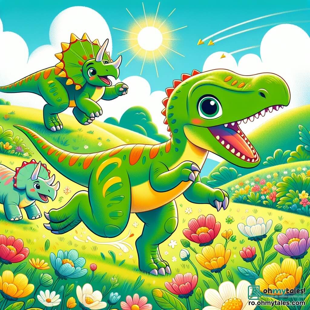 Un vélociraptor numit Răzvan, cu pene verzi și galbene strălucitoare, își exprimă bucuria alergând printr-o pajiște însorită, cu ochii strălucind de excitație. Alături de el, doi triceratopi, Titi, un dinozaur mare cu o coroană roșie impresionantă pe frunte, și Lili, mai mică și cu culori pastelate, sar de bucurie, fețele lor radiază fericire. Pajiștea este plină de flori colorate, într-un peisaj verde, cu dealuri blânde și un cer albastru presărat cu nori albi pufoși. Scena arată cum Răzvan și prietenii săi descoperă flori magice care strălucesc sub soare, pregătiți să își facă dorințe împreună, plini de entuziasm și aventură.