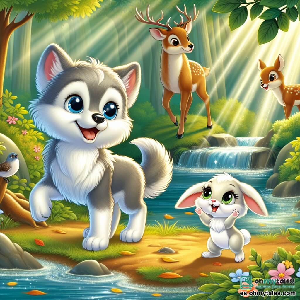 Un pequeño lobo de pelaje gris plateado, con ojos azules profundos brillando de curiosidad y alegría, se encuentra al borde de un arroyo resplandeciente, con una radiante sonrisa en su rostro. A su lado, un pequeño conejo blanco con grandes orejas y ojos chispeantes de gratitud salta de alegría, levantando las patas traseras, expresando su felicidad por haber encontrado su camino. Un majestuoso ciervo de pelaje marrón dorado y grandes cuernos está un poco retirado, con una sonrisa benevolente en su rostro, observando la escena con orgullo. El decorado es un hermoso bosque soleado, donde los rayos del sol filtran a través de las hojas verdes, creando patrones luminosos en el suelo cubierto de hojas doradas. Flores coloridas salpican el paisaje, añadiendo un toque de magia al entorno. La situación principal muestra al lobo y al conejo celebrando su nueva amistad tras haber cruzado el bosque juntos, rodeados de la belleza de la naturaleza, simbolizando la alegría y el apoyo mutuo que se han ofrecido.