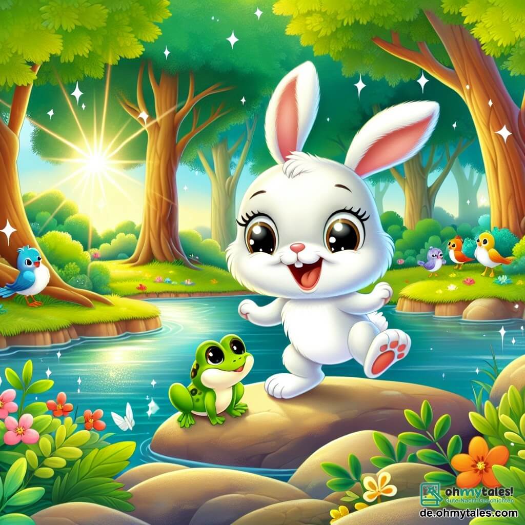 Ein kleiner Hase mit großen Ohren, weißem Fell und neugierigen, funkelnden Augen steht fröhlich am Rand eines schimmernden Teichs, seine Vorderpfoten leicht erhoben, als wäre er bereit zu springen. Er zeigt ein breites Lächeln, voller Enthusiasmus für das bevorstehende Abenteuer. In der Nähe sitzt ein grüner Frosch mit gelben Flecken auf einem großen Stein und schaut den Hasen dankbar und hoffnungsvoll an, seine leuchtenden Augen zeugen von Erleichterung, während er fröhlich quakt. Eine Gruppe bunter Vögel, die auf den Ästen eines Baumes sitzt, singt fröhlich, ihre leuchtenden Federn verleihen der Szene Farbe. Der Ort ist ein wunderschönes Naturschutzgebiet, wo große Bäume mit robusten Stämmen in den Himmel ragen, umgeben von strahlenden Blumen und grünen Büschen. Die Sonne scheint durch das Laub und erzeugt Lichtmuster im weichen Gras, während das sanfte Plätschern des Wassers des Baches eine beruhigende Melodie zur Umgebung hinzufügt. Die Hauptsituation zeigt den Hasen und den Frosch, die zusammenarbeiten, um den kleinen Teich zu retten, der Hase hält eine kleine Holzschaufel, bereit zu graben, während der Frosch auf eine nahegelegene Pflanze zeigt, die helfen könnte, das Wasser zu halten. Die Atmosphäre ist von positiver Energie und Hoffnung erfüllt und verdeutlicht die Bedeutung von Zusammenarbeit zum Schutz der Natur.