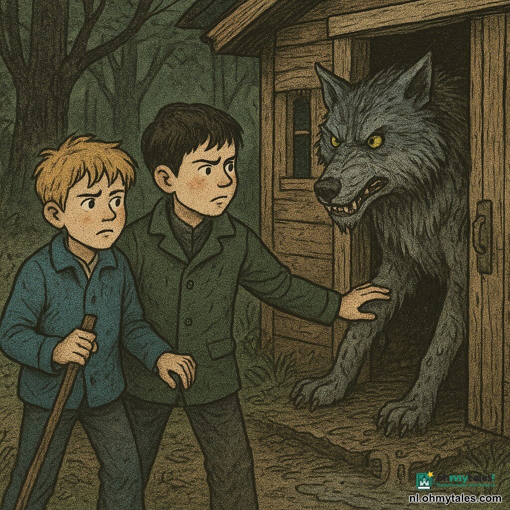 Er zijn 3 personages: Bram, een jongen van ongeveer 9 jaar met kort bruin haar, donkergroen mantel, vastberaden blik, staat voor de deur van een houten chalet en houdt beschermend de hand van Mees; Mees, ook ongeveer 9 jaar, warrig blond haar, blauwe jas, bezorgd maar moedig, links van Bram en houdend aan de hand van een tante of een bezemsteel, kijkt naar de wolf; en een grote grijze wolf met zwarte strepen, glanzend gele ogen en zichtbare tanden, nat en modderig, leunend tegen de deur van het chalet in een dreigende maar aarzelende houding. Locatie: klein houten chalet aan een bospaadje, versleten houten deur, donkere raamopening, omgevallen regenton morst modderig water, natte grassen en bladeren, zwarte knoestige boomstammen en groen gefilterd licht. Situatie: confrontatie op de drempel — de twee jongens beschermen hun tante en houden stand terwijl de boze, natte wolf de deur blokkeert; sterke contrasten tussen de warme kinderen en de koude grijze wolf, duidelijke texturen van hout, modder en vacht, spanningsvolle maar kindvriendelijke sfeer.