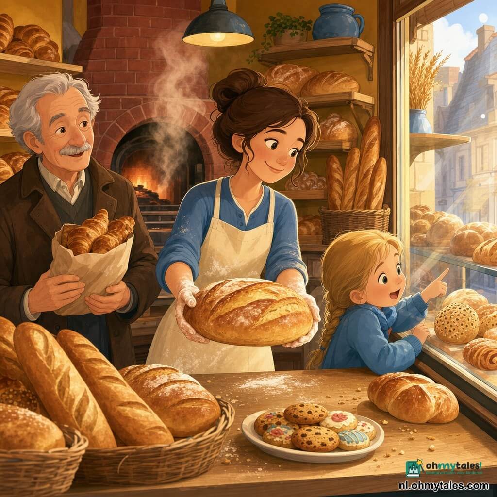 Een warme, glimlachende vrouwelijke bakker met bruin haar in een knot en een crème schort met meelvlekken houdt een groot goudbruin brood naar voren; een ongeveer zevenjarig blond meisje met ingevlochten vlecht en gouden ogen drukt haar neus tegen de etalageruit en wijst naar een klein rond broodje; links staat een ongeveer zeventigjarige man met grijs haar, fijne snor en een bruin mantel, die een pakket croissants vasthoudt en glimlacht. De kleine bakkerij heeft honingkleurige muren, lichte houten planken vol broden, een zacht rokende rode bakoven achterin en stapels meelzakken; ochtendlicht met gouden reflecties valt door de grote ruit en verlicht een houten toonbank met verschillende broodsoorten en enkele koekjes. Sfeer: kalme, troostrijke ochtend met warme, verzadigde kleuren (oker, bruin, geel) en een vleugje blauw in het kledingstuk van het meisje. Stijl: heldere vectorillustratie, zachte lijnen, eenvoudige contrasten, lichte schaduwen en platte volumes, geschikt voor een kinderboek.